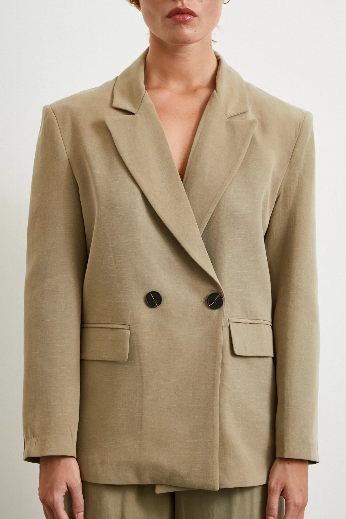 Çift Düğmeli Keten Blazer Ceket Haki