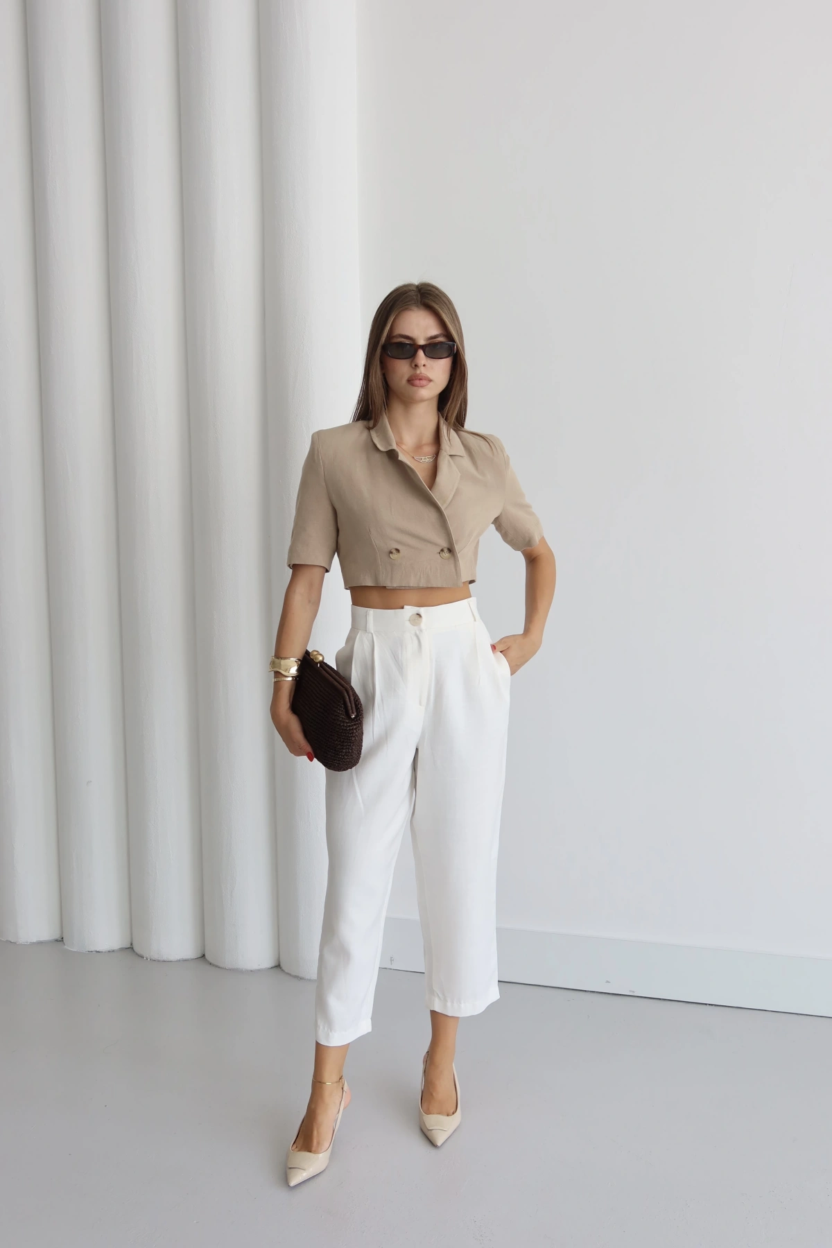 Çift Pileli Keten Pantolon Krem