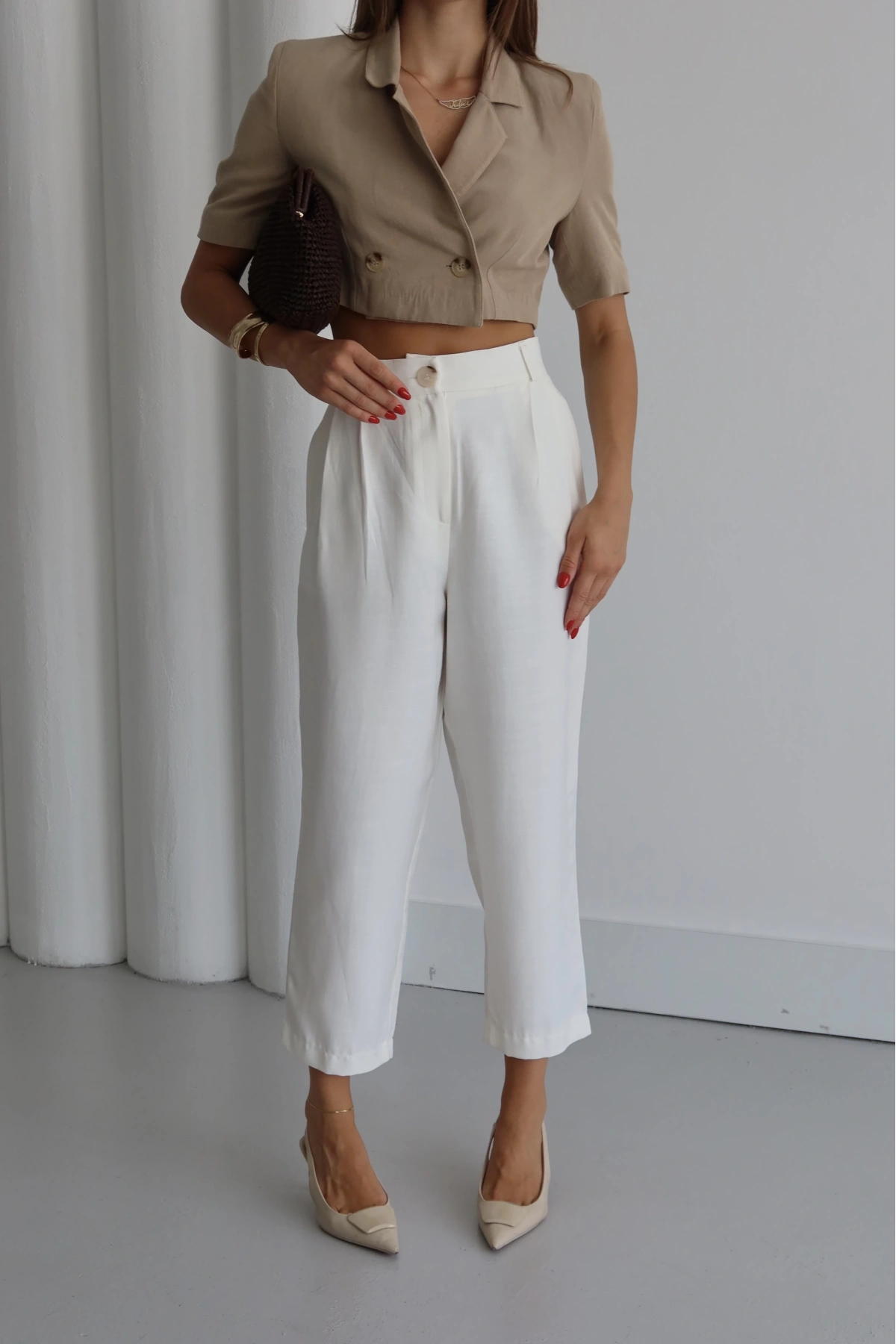 Çift Pileli Keten Pantolon Krem
