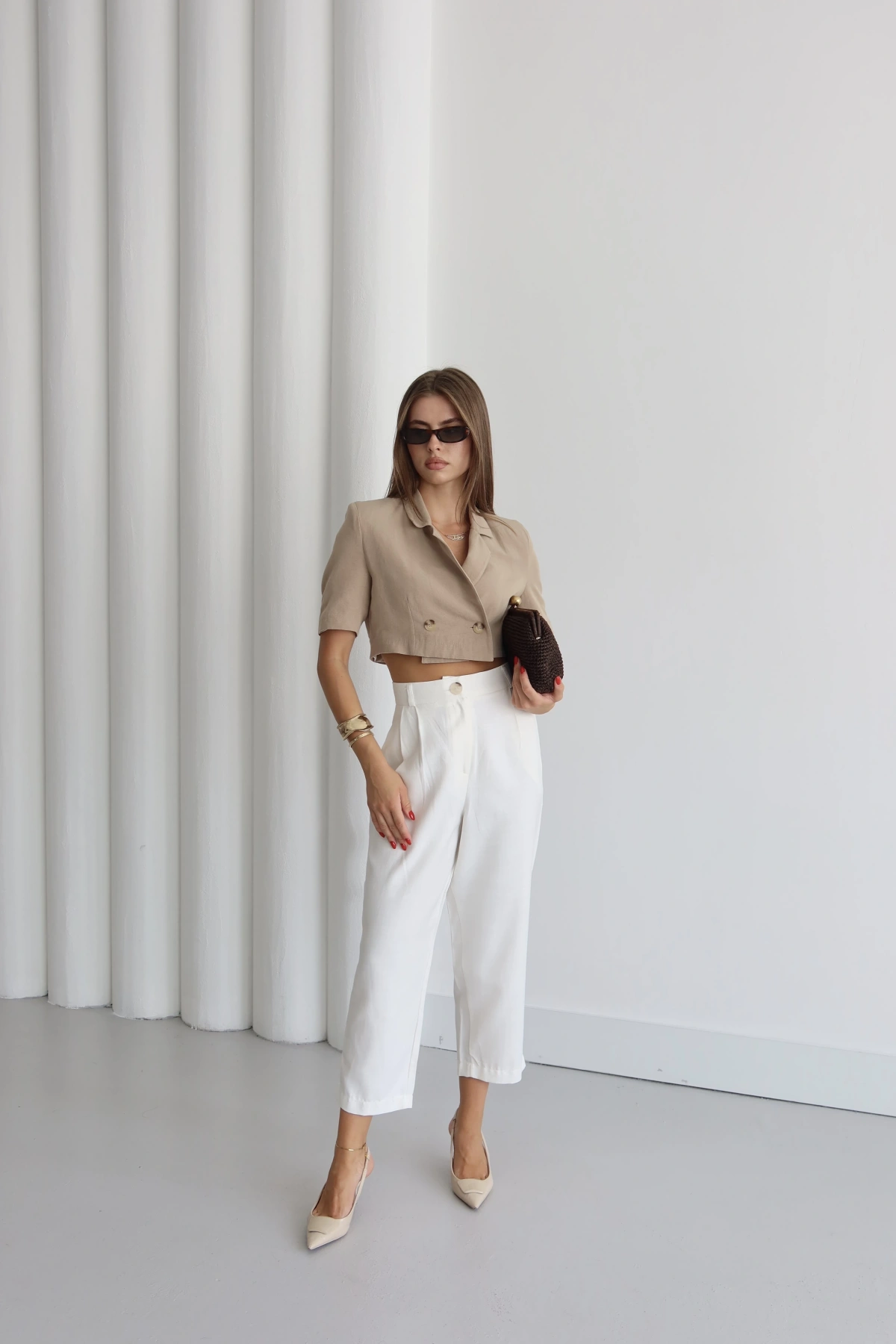 Çift Pileli Keten Pantolon Krem