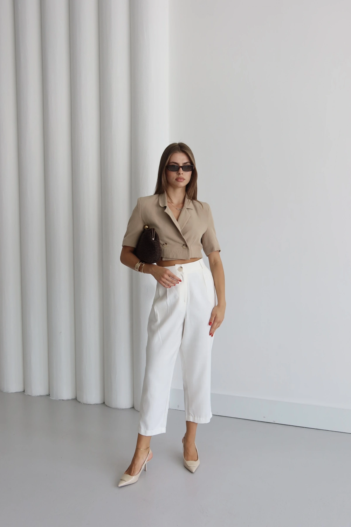 Çift Pileli Keten Pantolon Krem