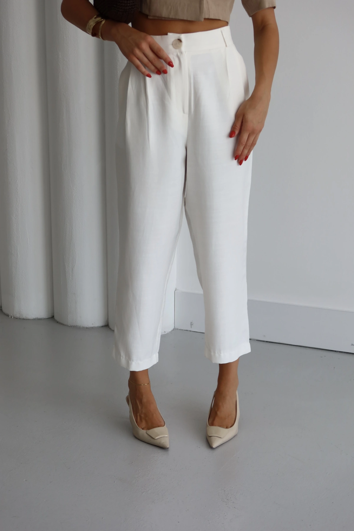 Çift Pileli Keten Pantolon Krem