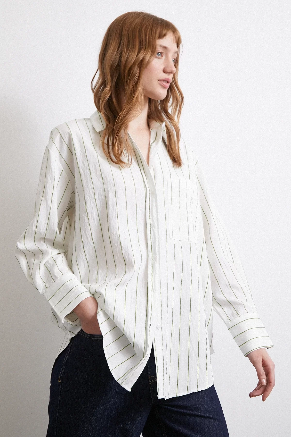 Çizgili Cepli Gömlek Haki