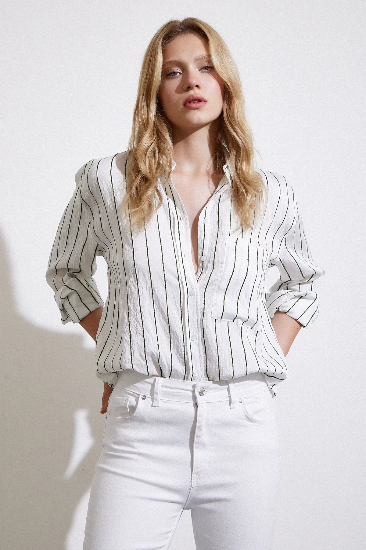 Çizgili Cepli Gömlek Yeşil