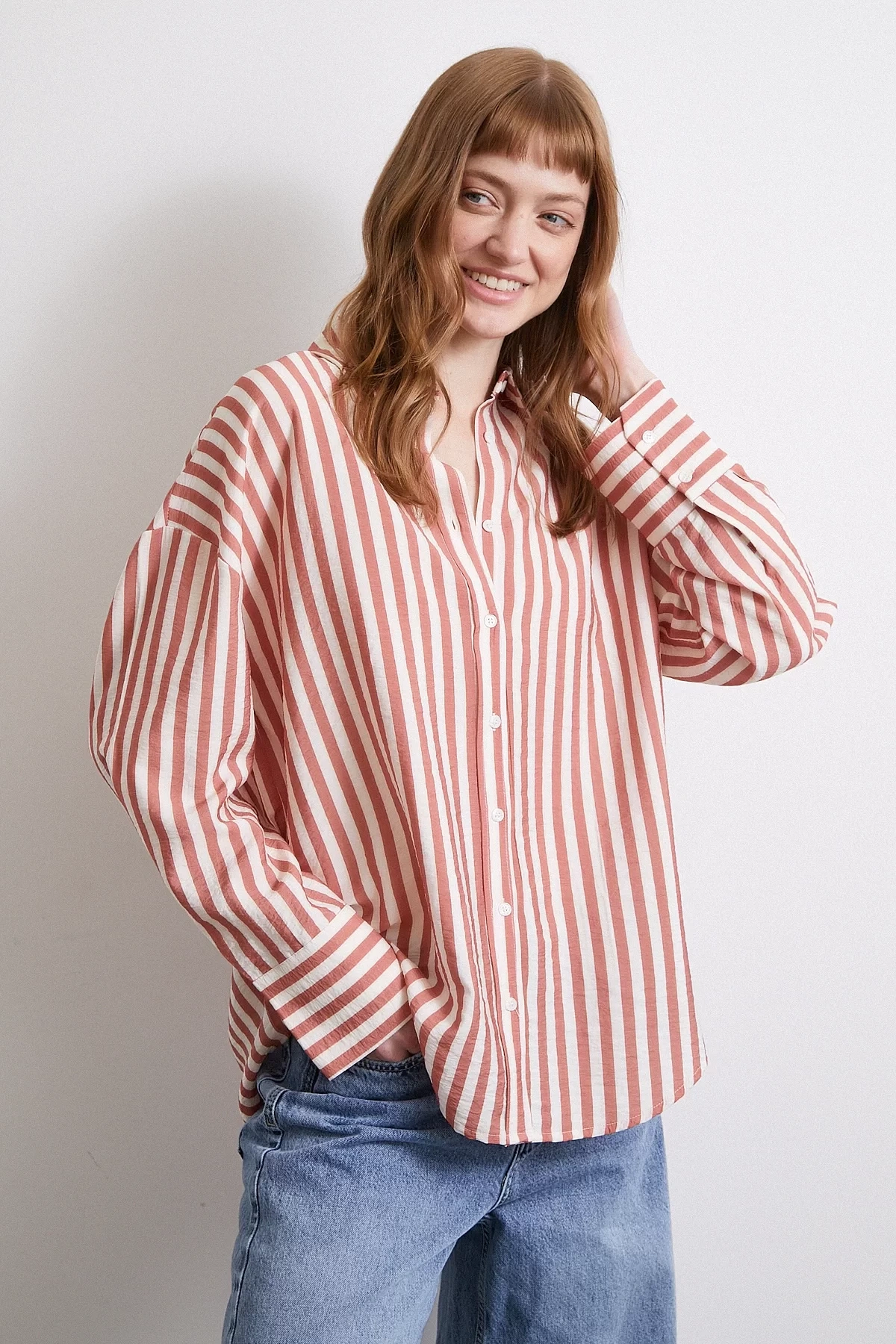 Çizgili T Kol Gömlek Kiremit
