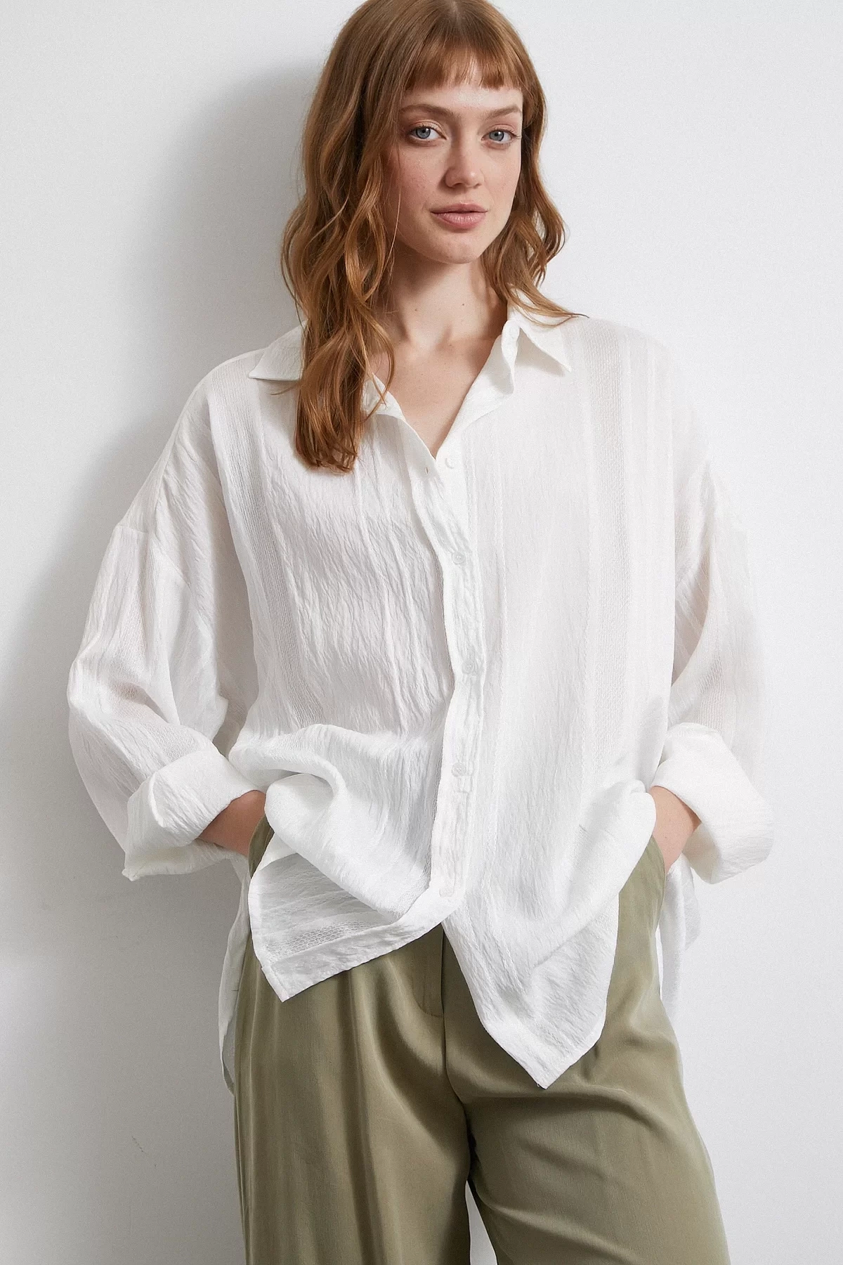 Dantel Detaylı Transparan Pamuklu Gömlek Beyaz