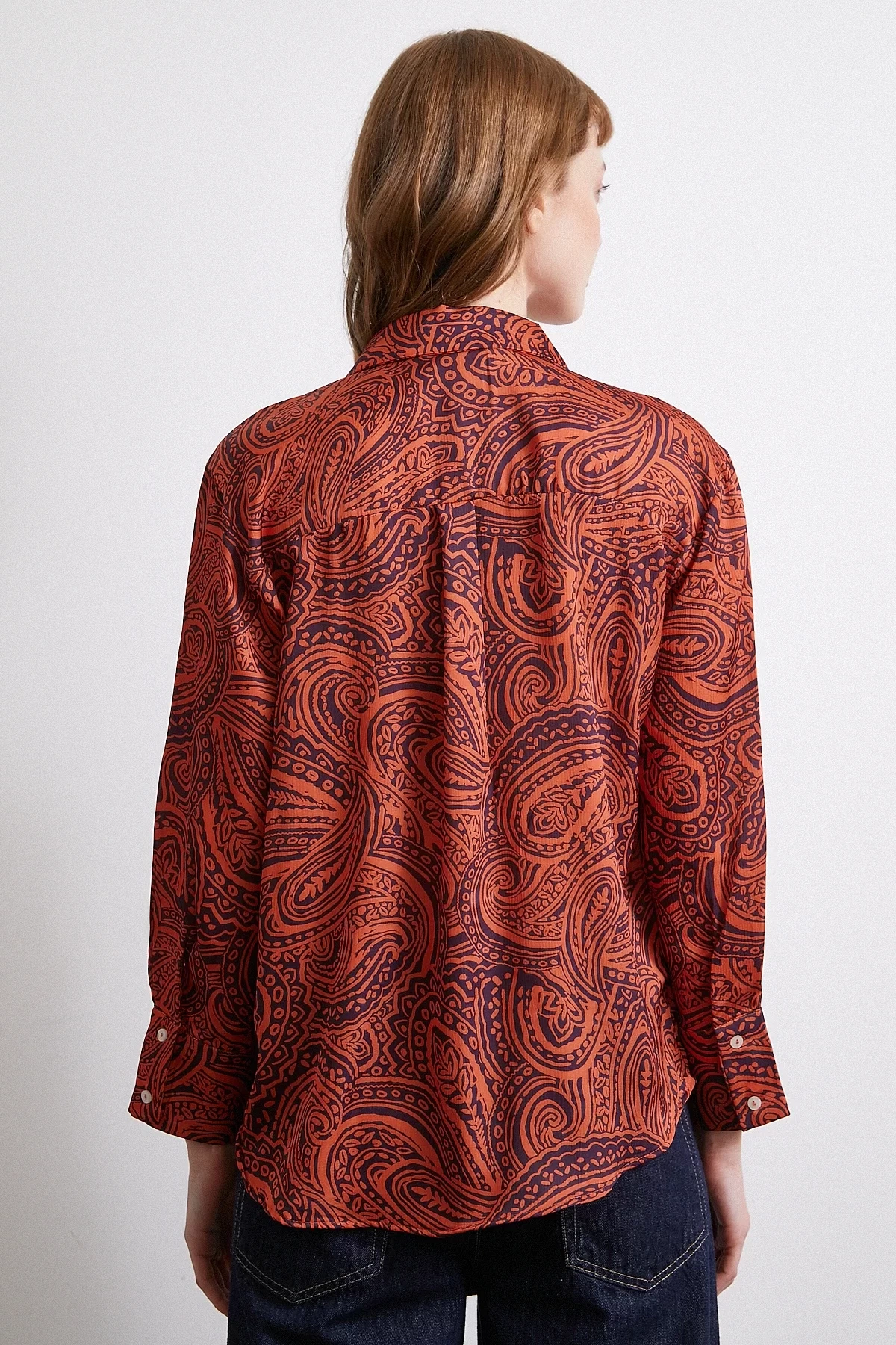 Desenli Gofret Saten Gömlek Turuncu