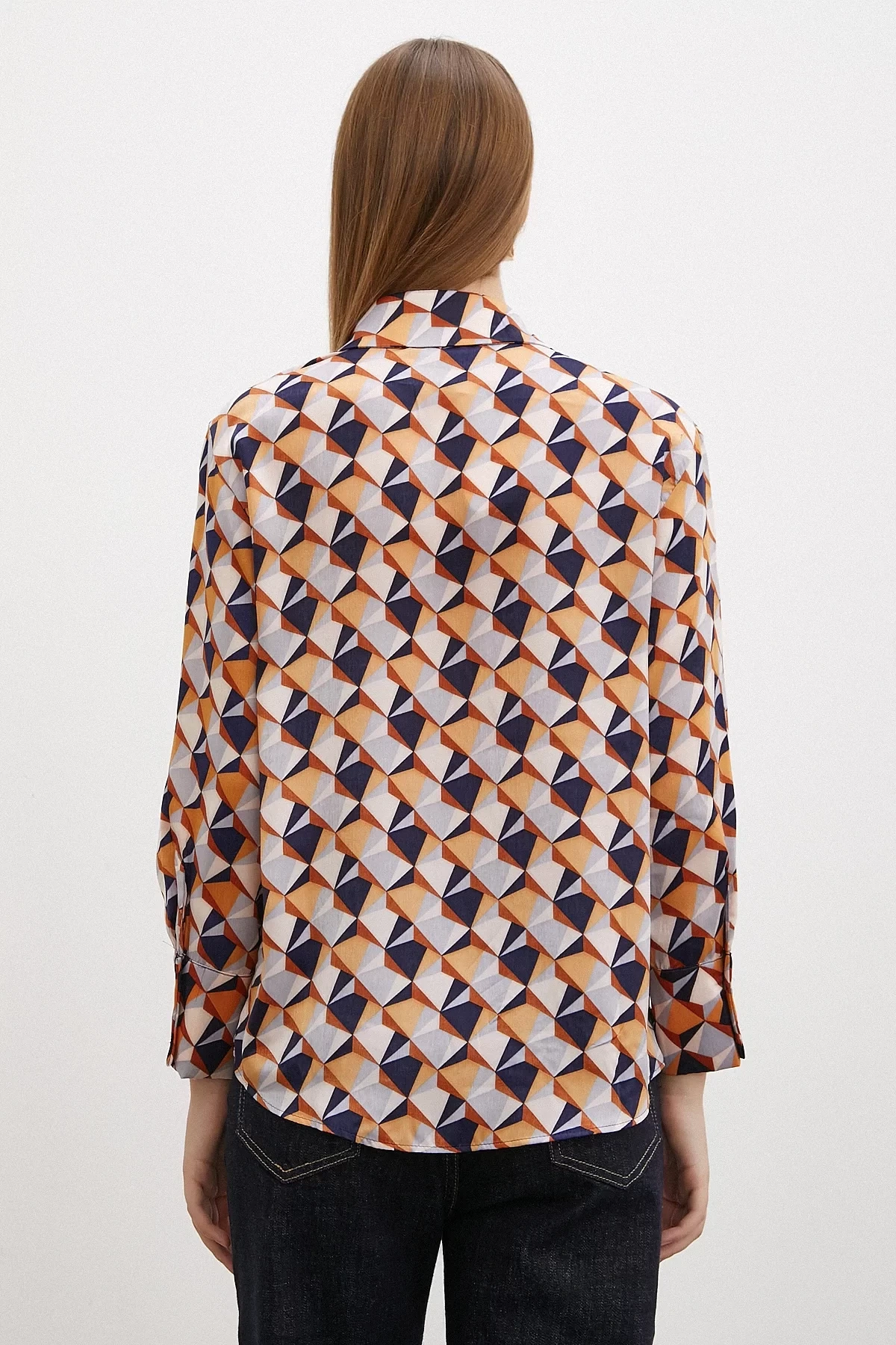 Desenli Saten Gömlek Pudra