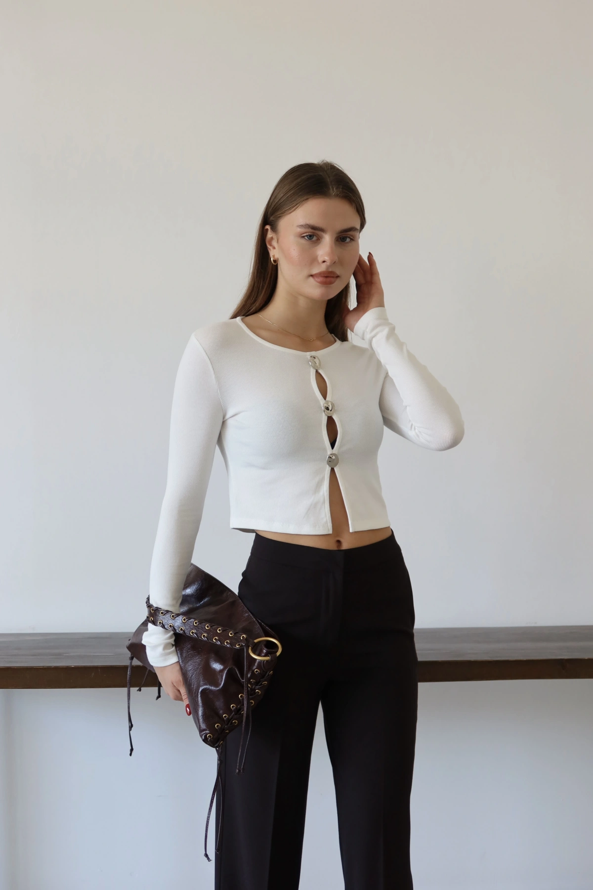 Düğmeli Bluz Beyaz