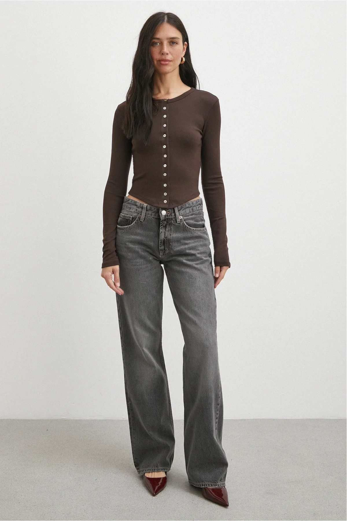 Düğmeli Bluz Kahve