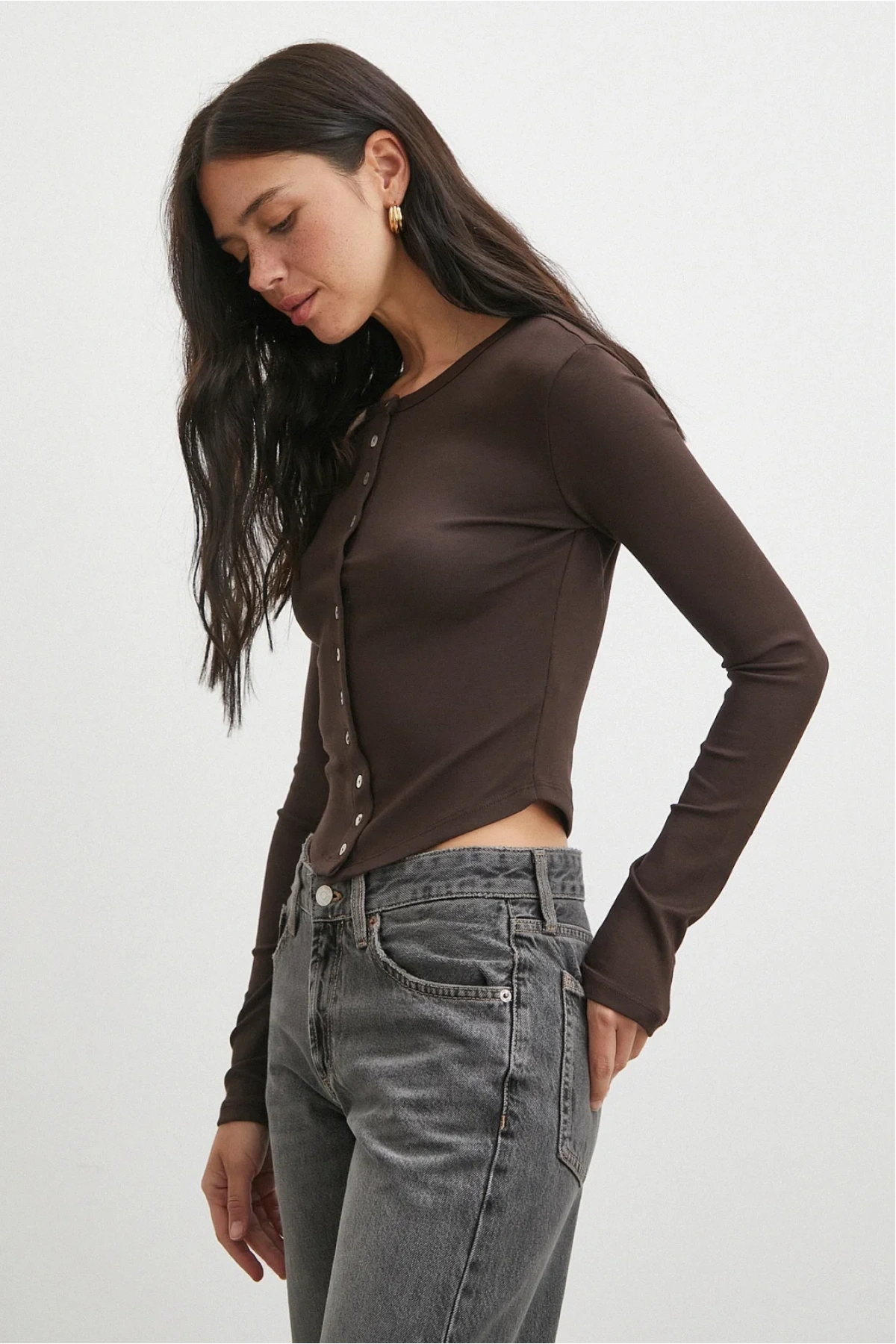 Düğmeli Bluz Kahve