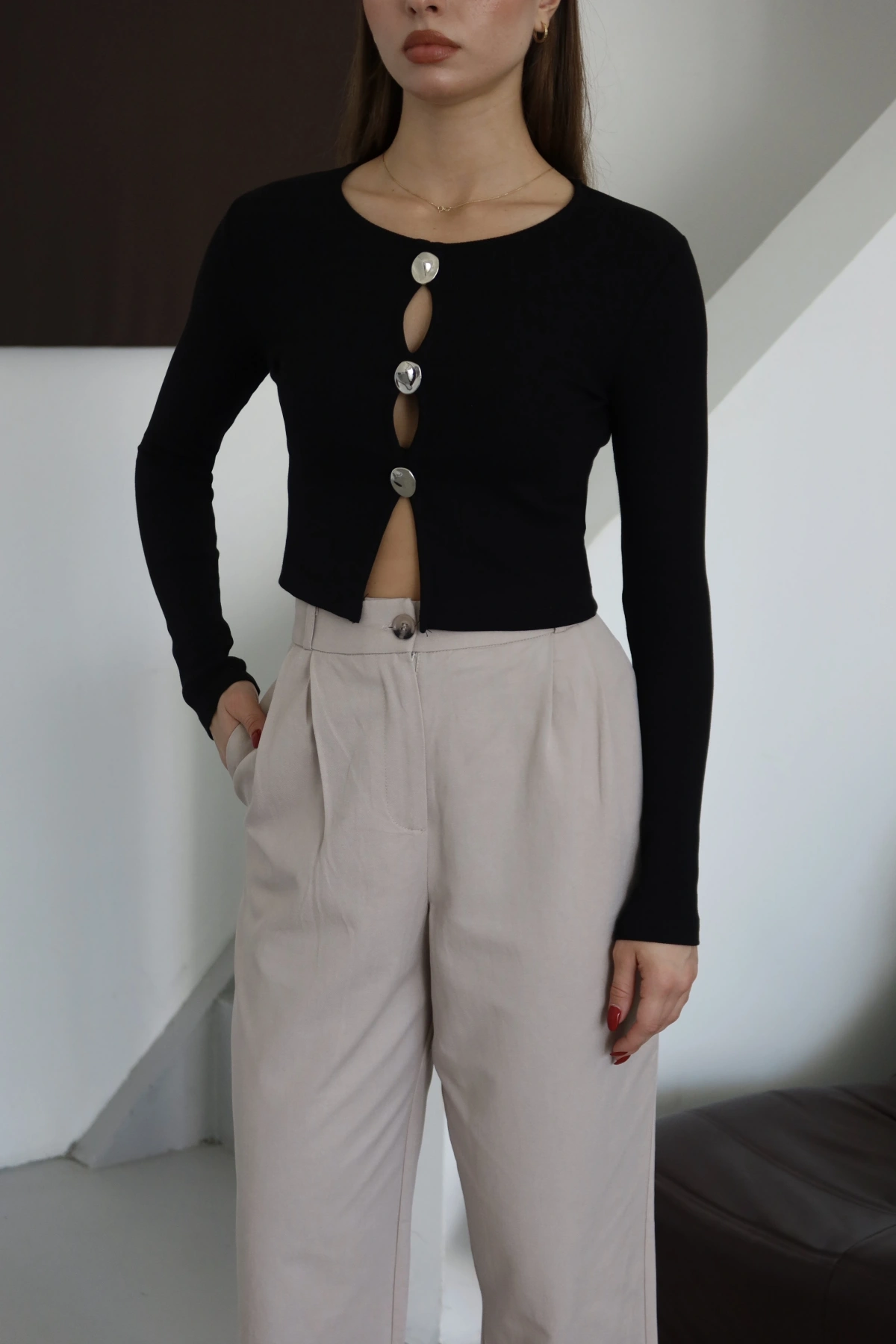 Düğmeli Bluz Siyah