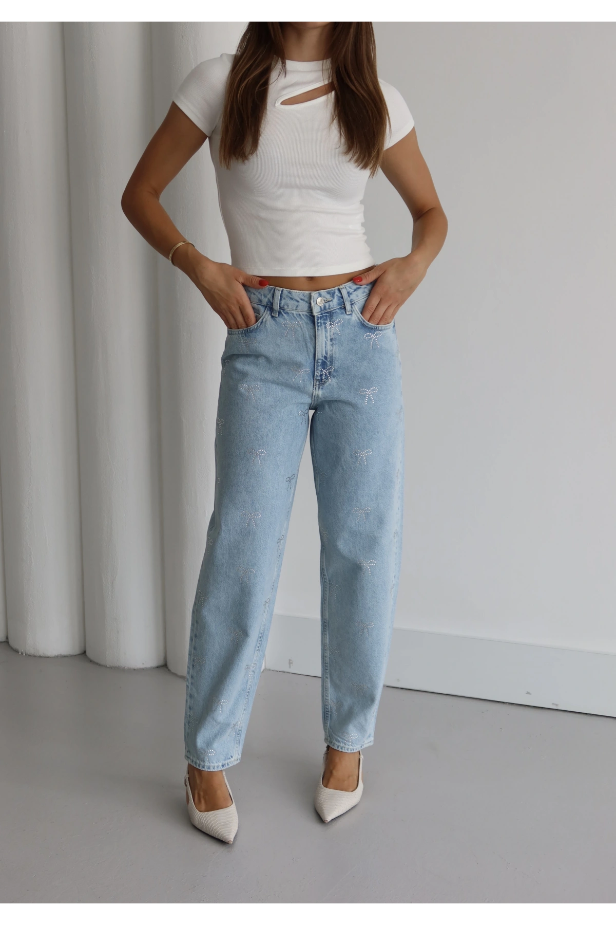 Fiyonk Desenli Taş Detaylı Pantolon