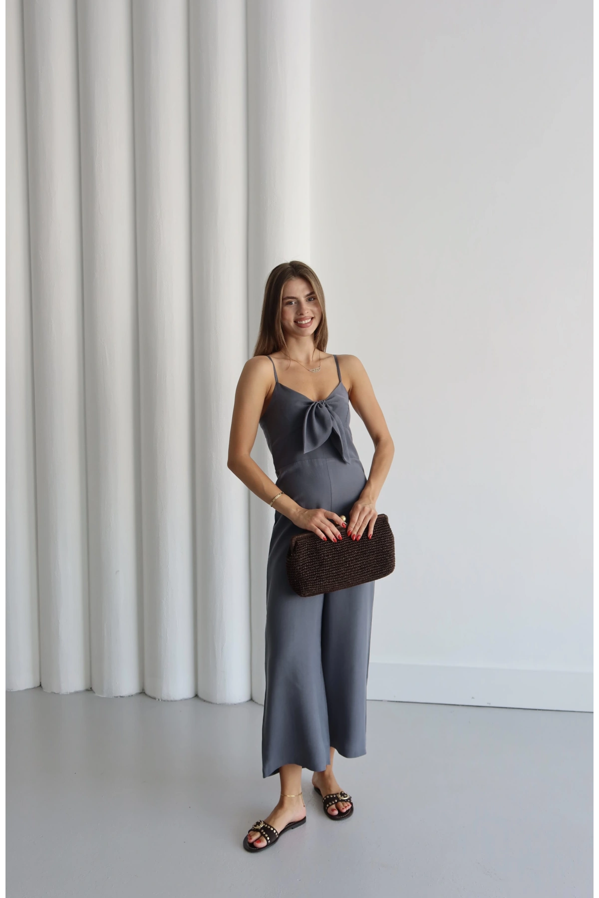 Fiyonklu Askılı Tulum Gri