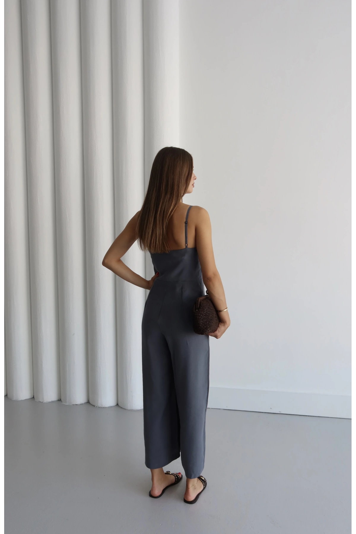 Fiyonklu Askılı Tulum Gri