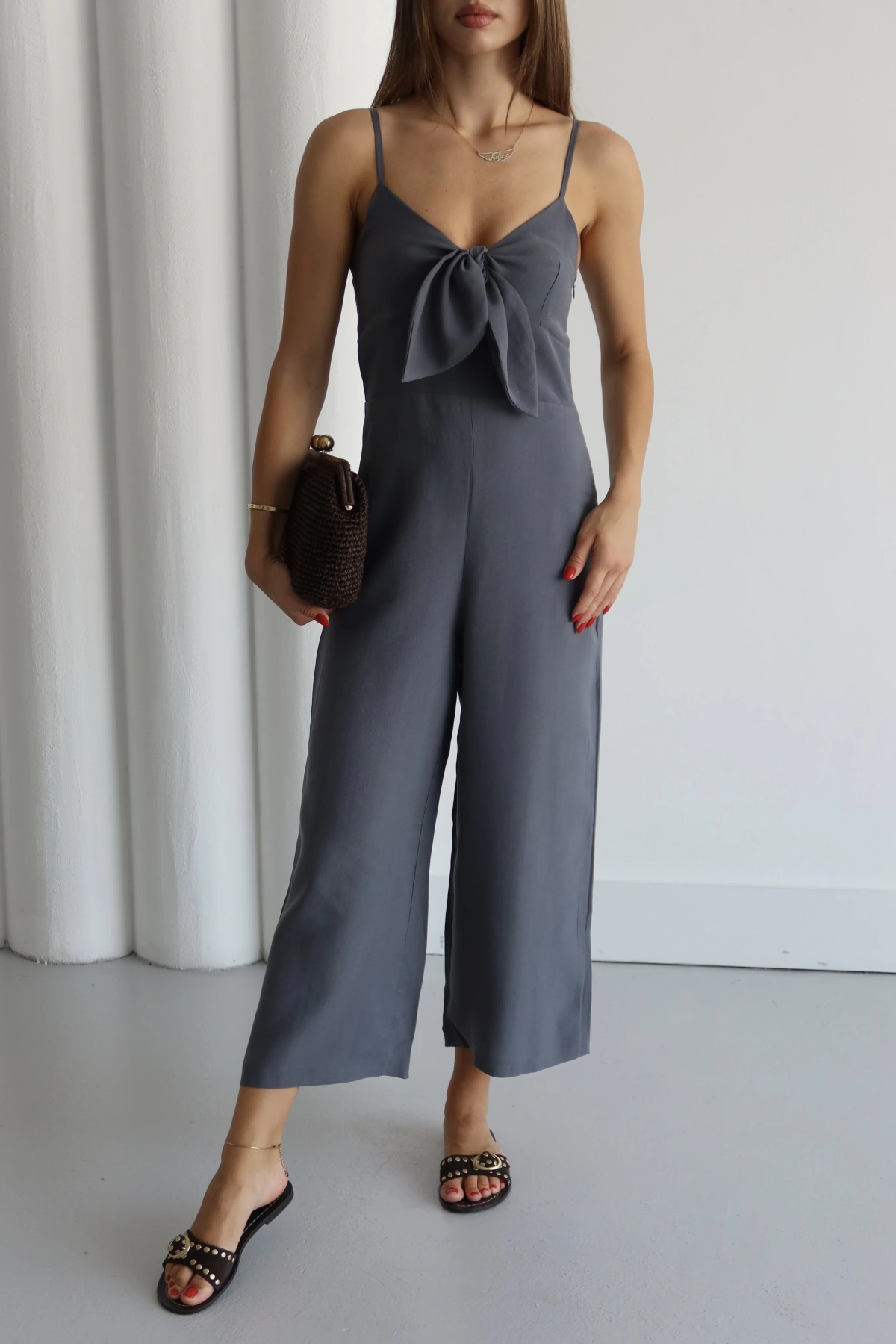 Fiyonklu Askılı Tulum Gri