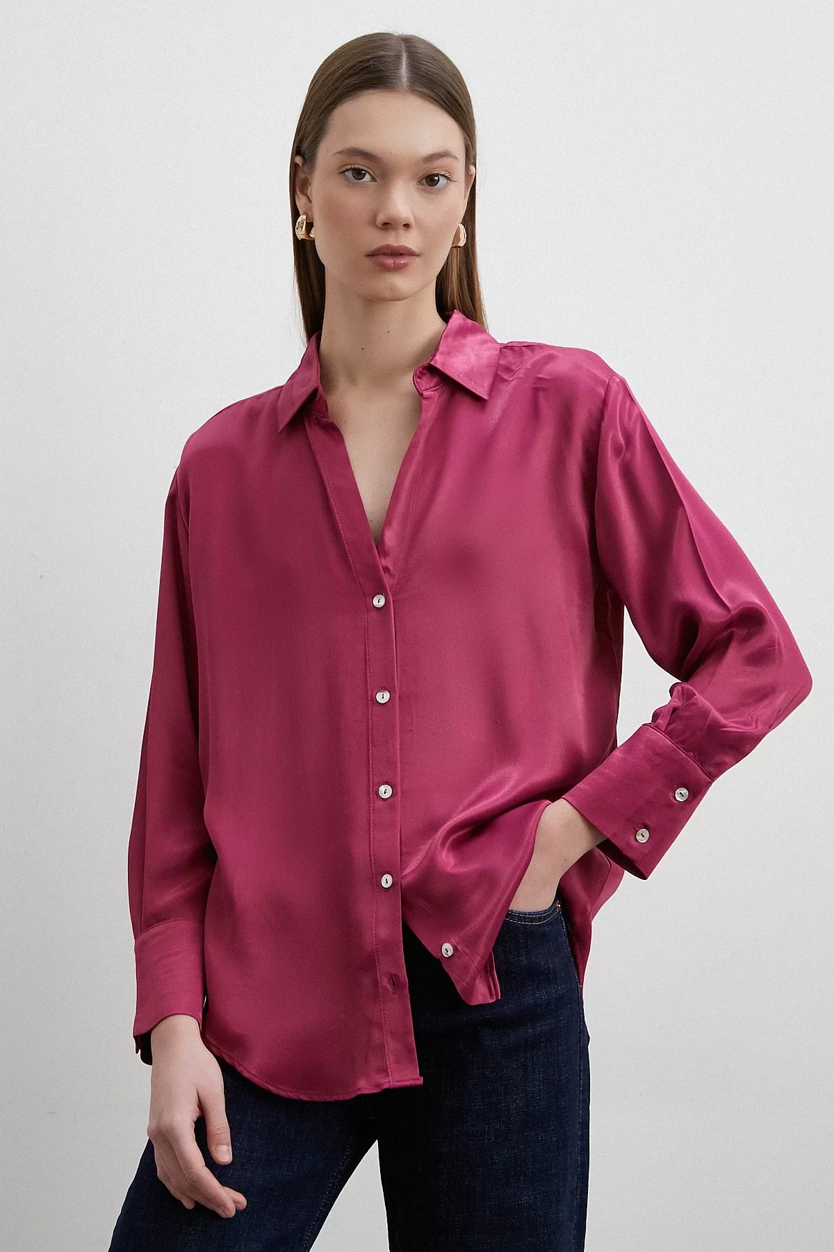 Floş Basic Saten Gömlek Mürdüm