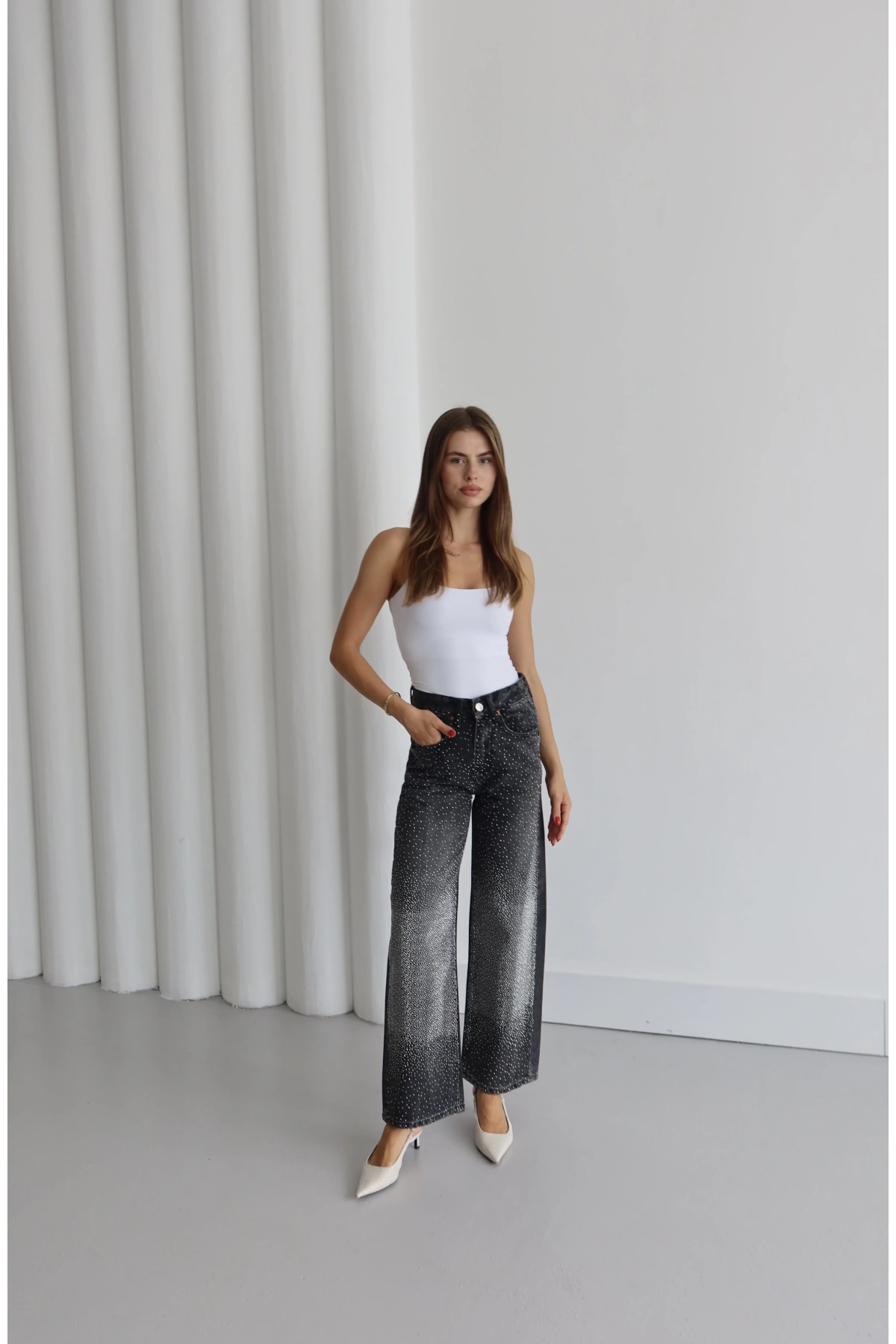 Geniş Paça Taş Detaylı Pantolon Siyah