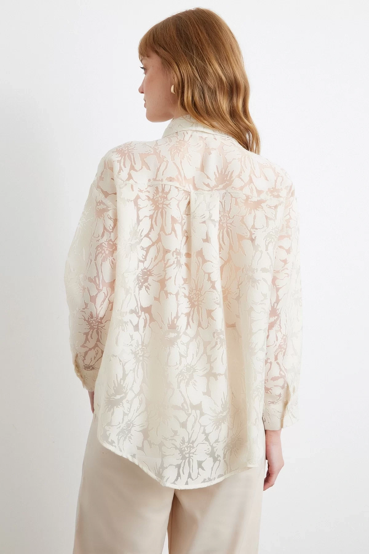 Jakarlı Transparan Gömlek Krem