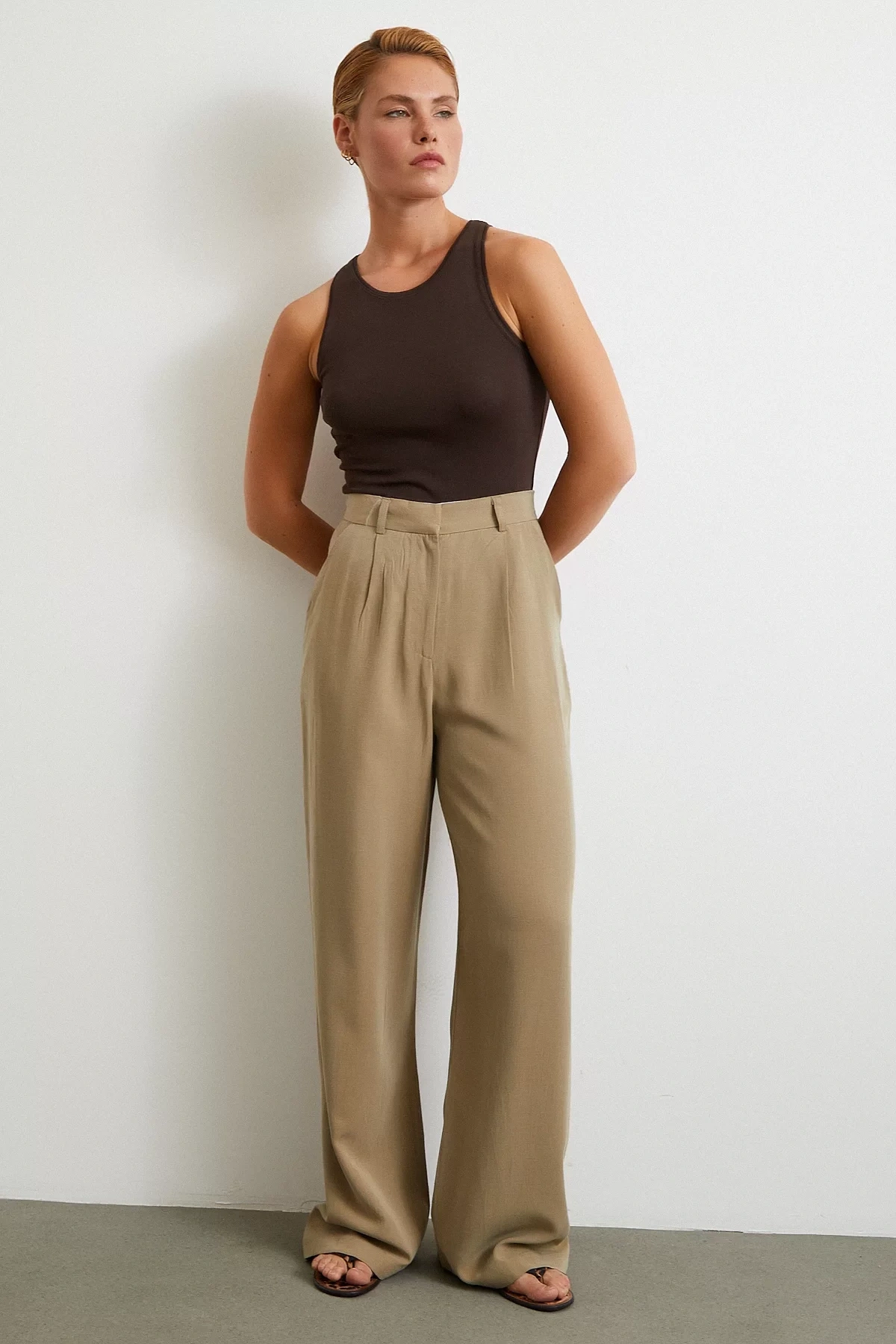 Keten Palazzo Pantolon Haki