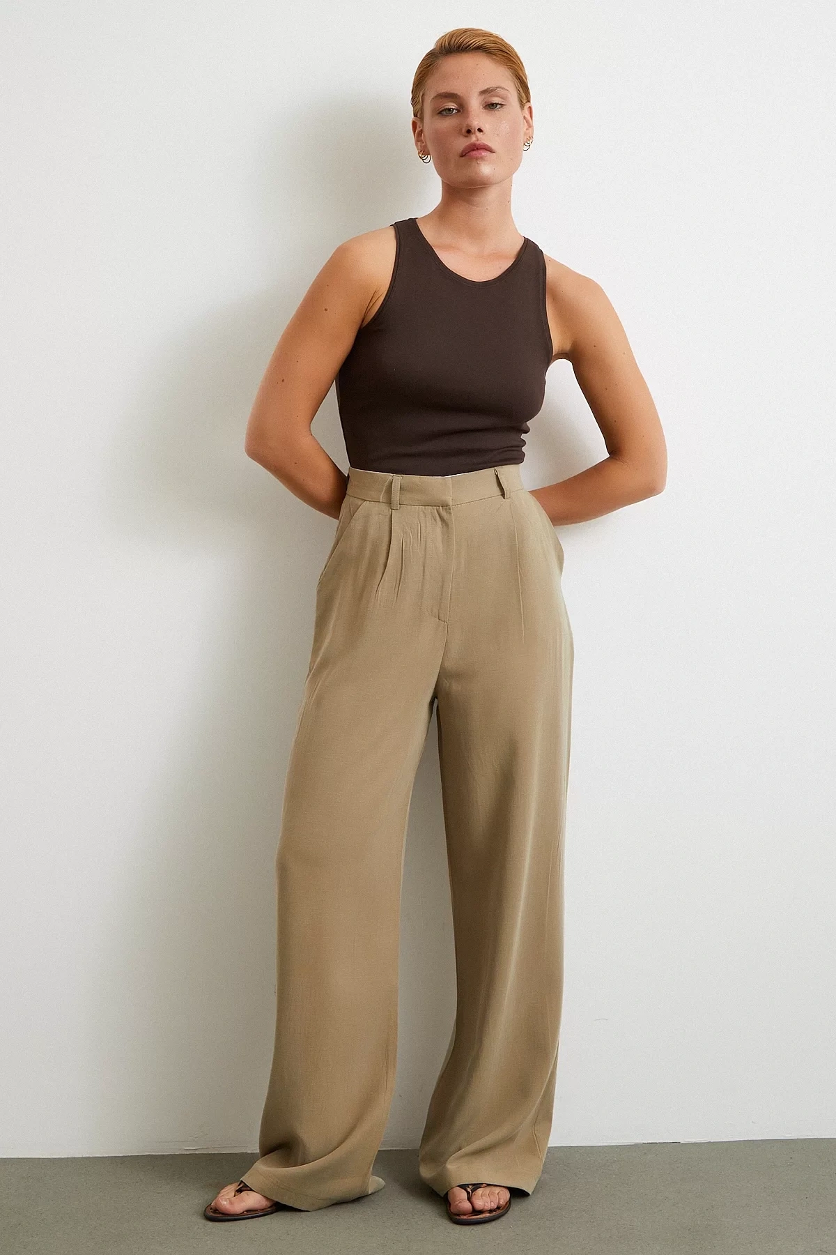 Keten Palazzo Pantolon Haki