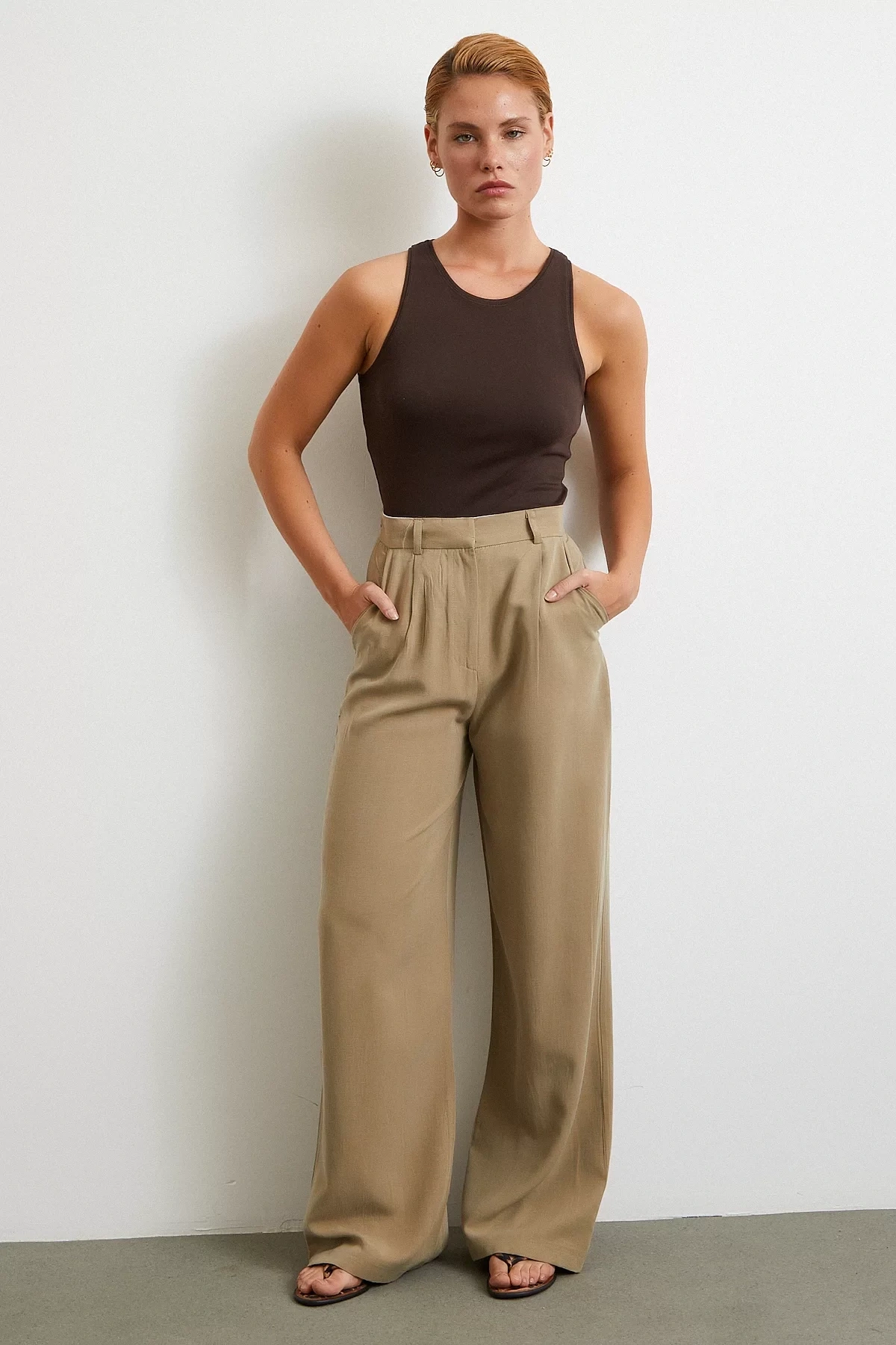 Keten Palazzo Pantolon Haki