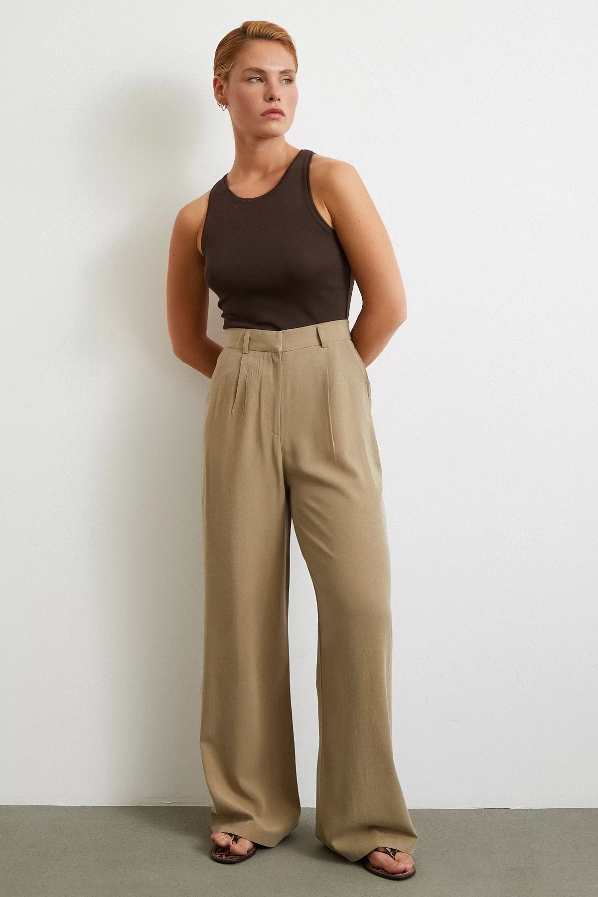 Keten Palazzo Pantolon Haki