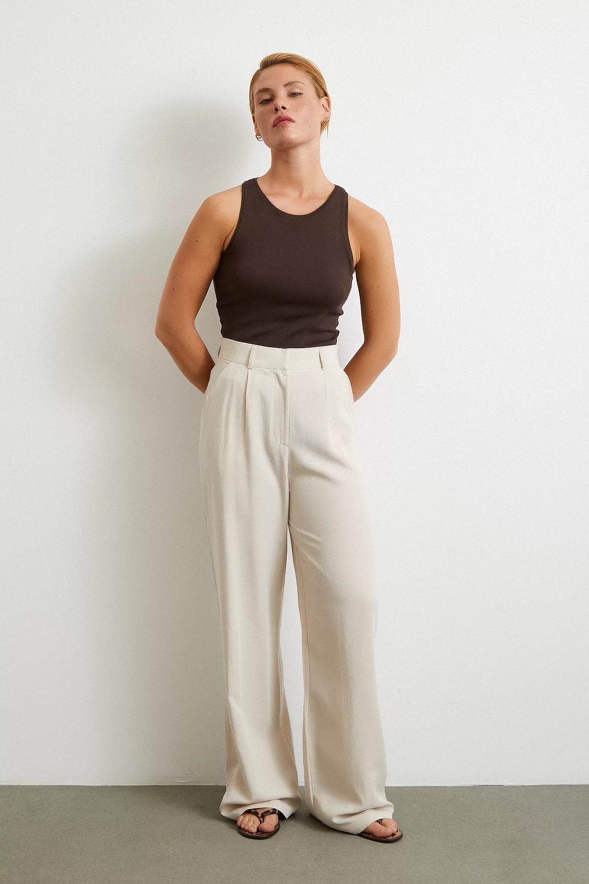 Keten Palazzo Pantolon Krem