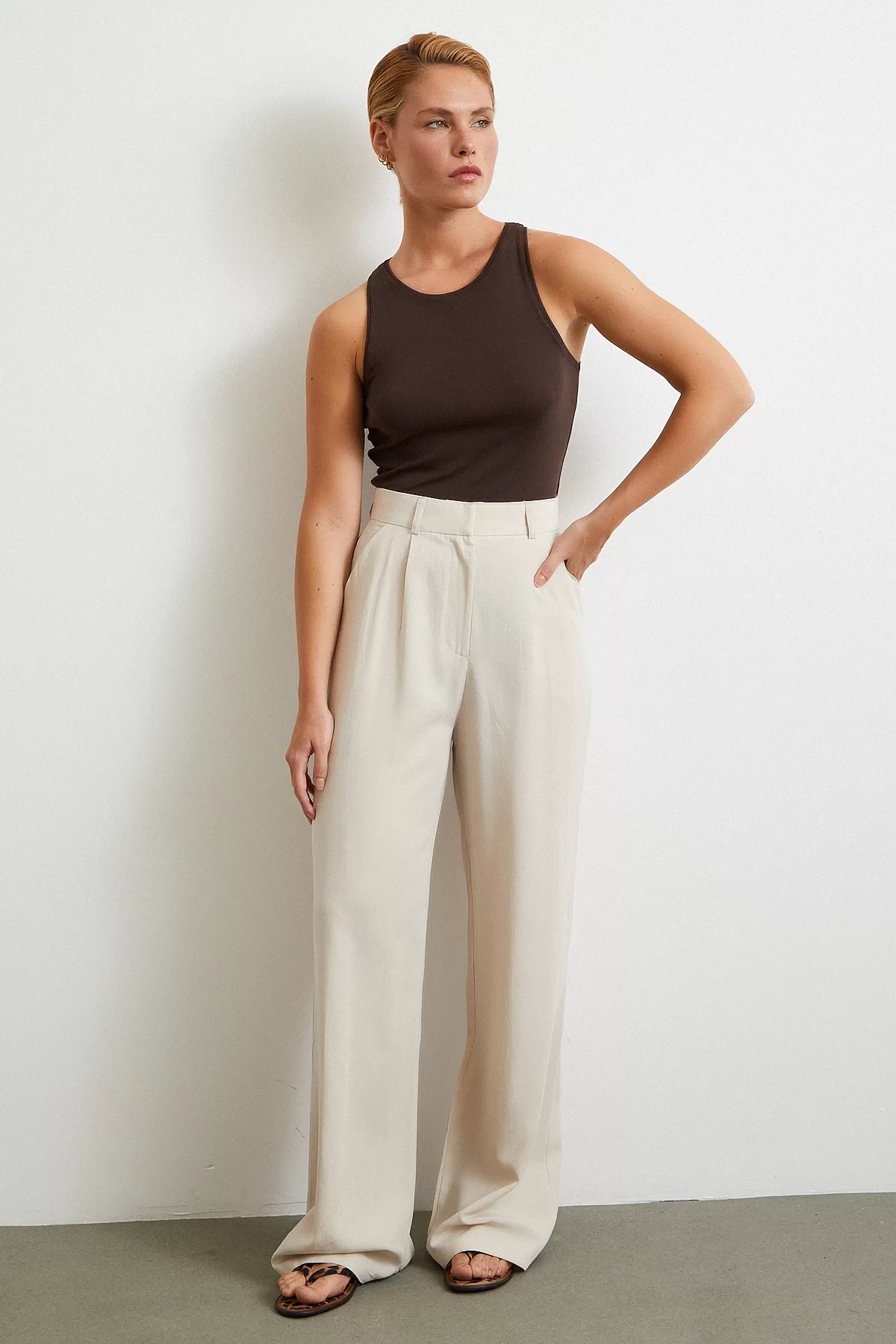 Keten Palazzo Pantolon Krem