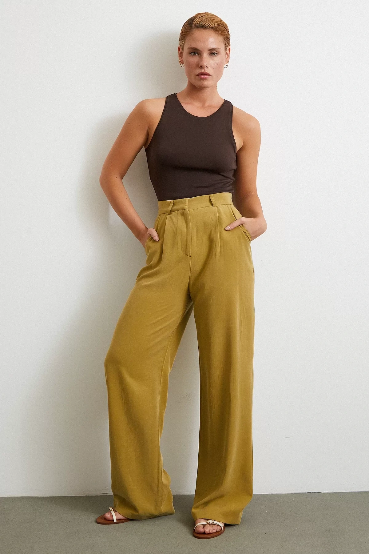 Keten Palazzo Pantolon Olive