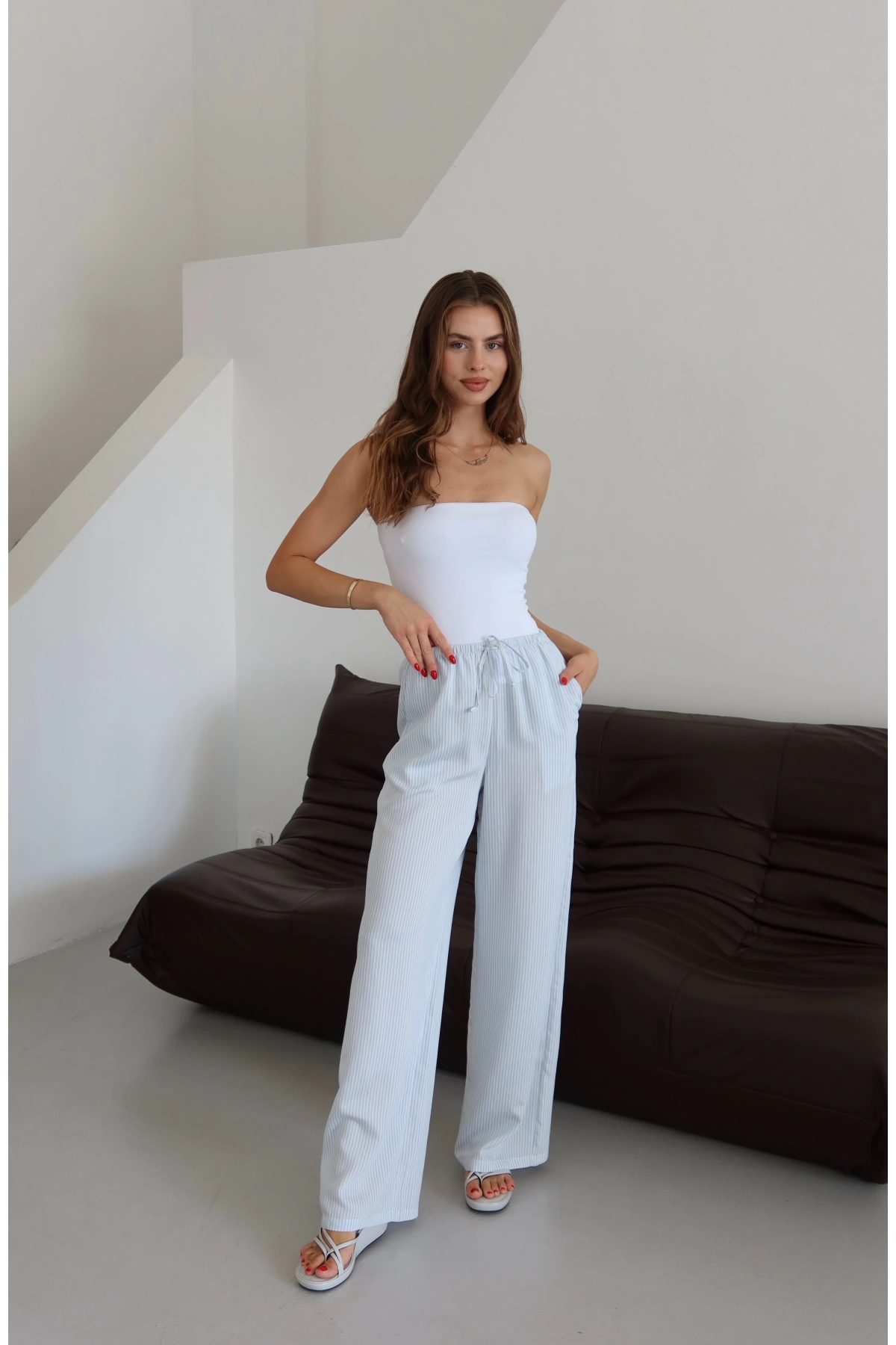 Lastikli Çizgili Pantolon Kahve