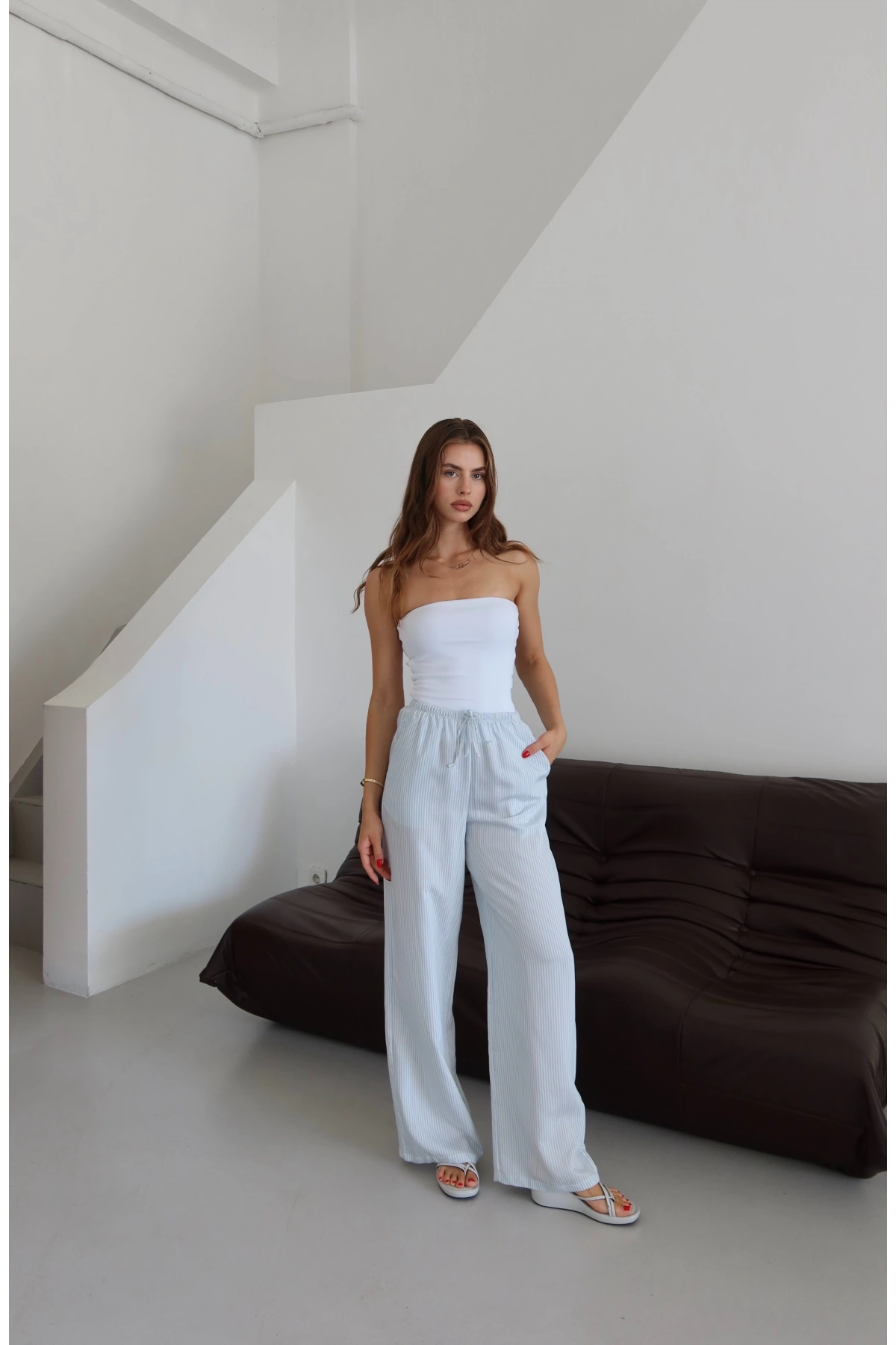 Lastikli Çizgili Pantolon Kahve