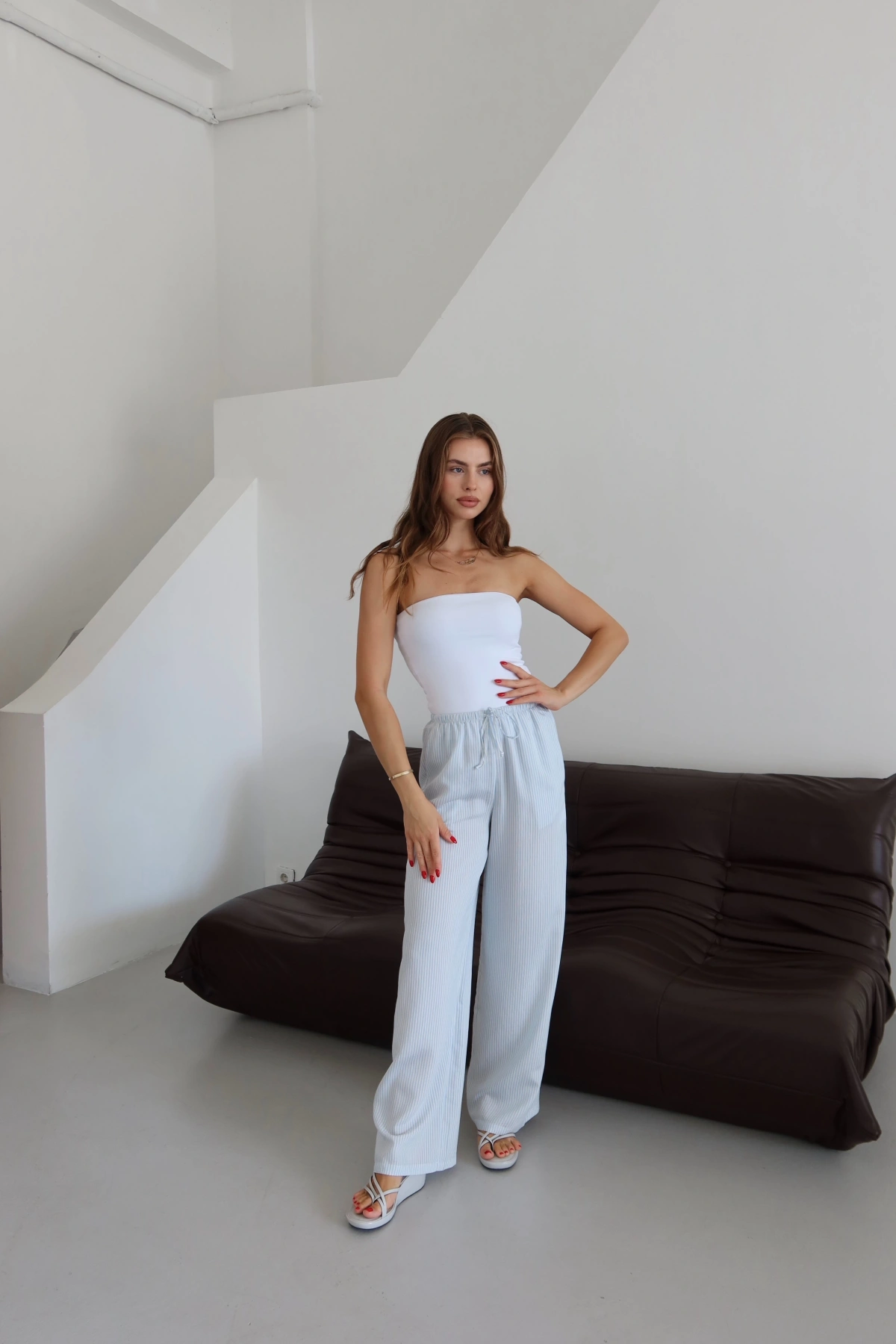 Lastikli Çizgili Pantolon Kahve