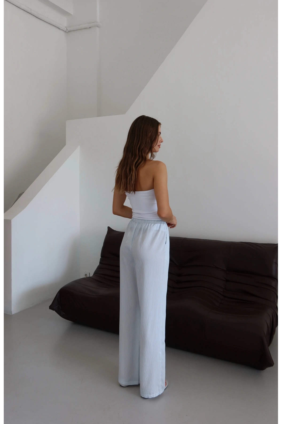 Lastikli Çizgili Pantolon Kahve