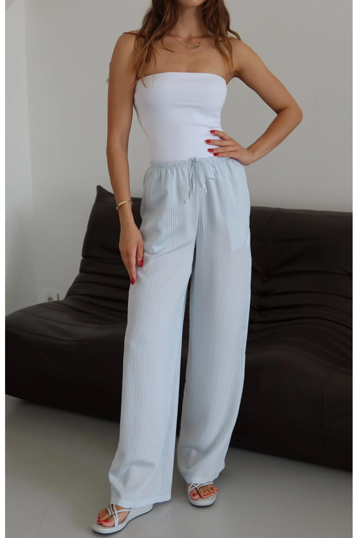 Lastikli Çizgili Pantolon Kahve