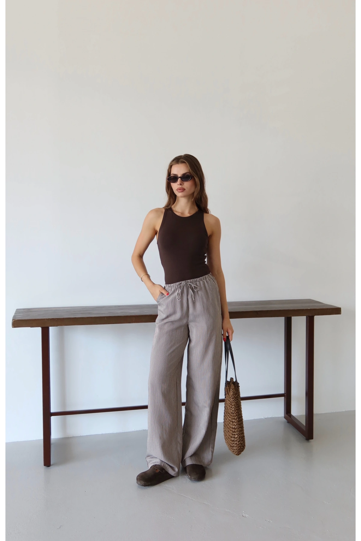 Lastikli Çizgili Pantolon Mavi