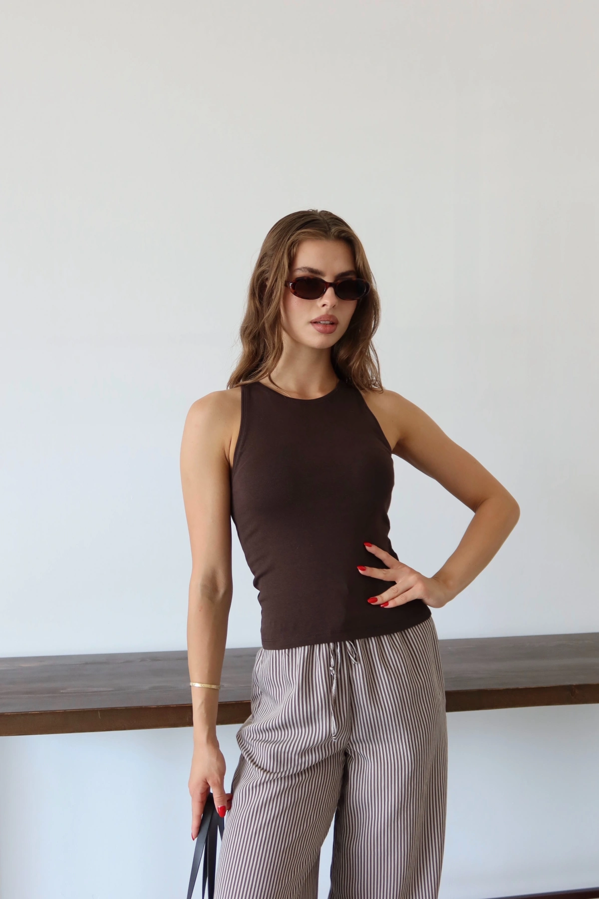 Lastikli Çizgili Pantolon Mavi