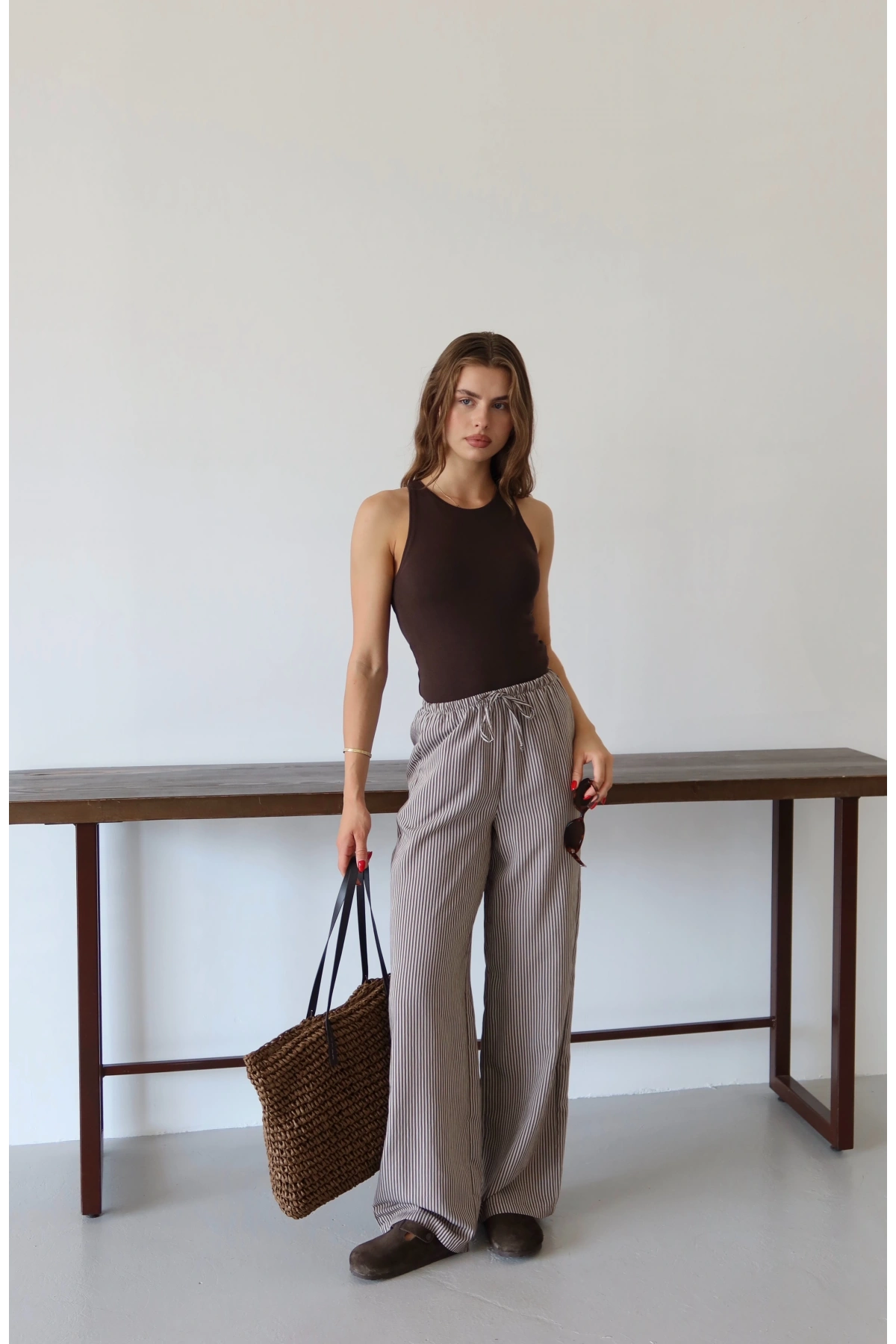 Lastikli Çizgili Pantolon Mavi