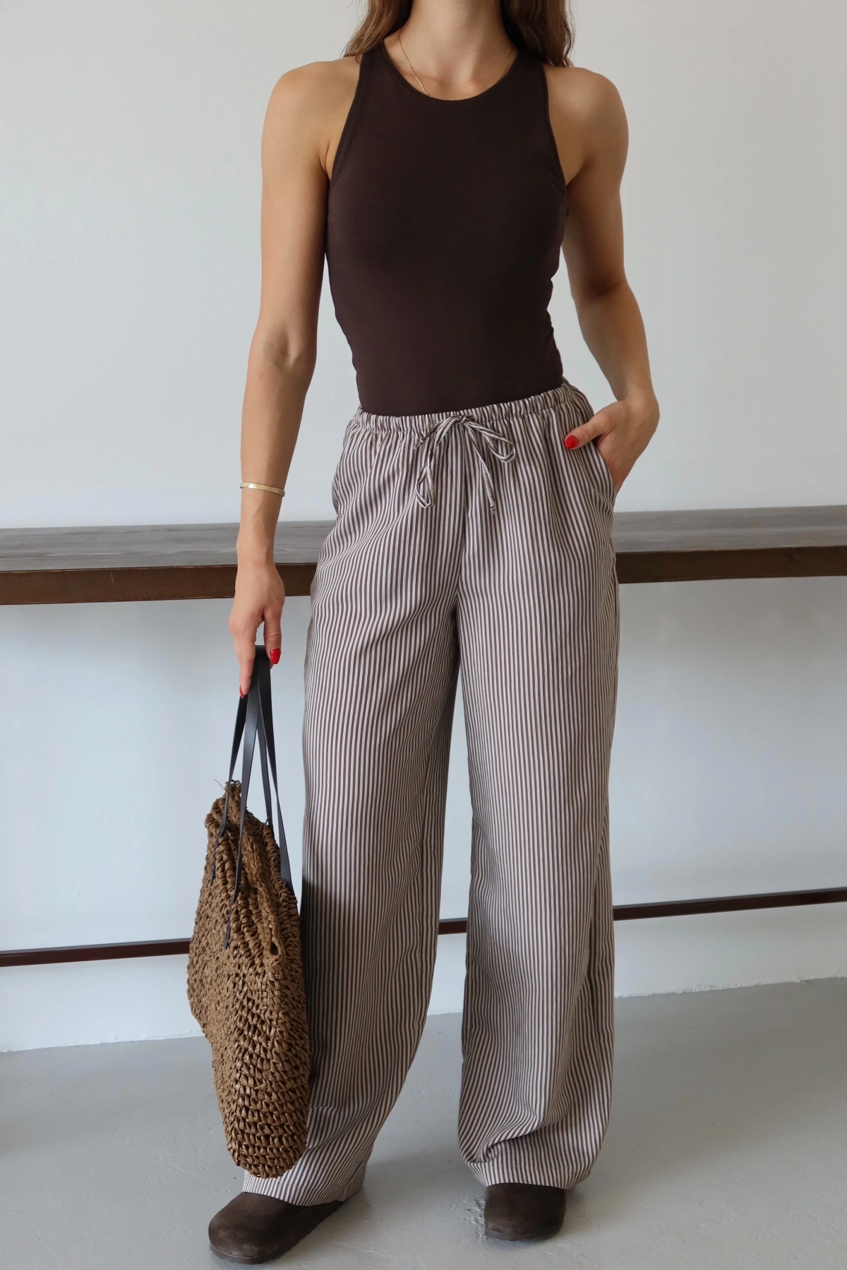 Lastikli Çizgili Pantolon Mavi