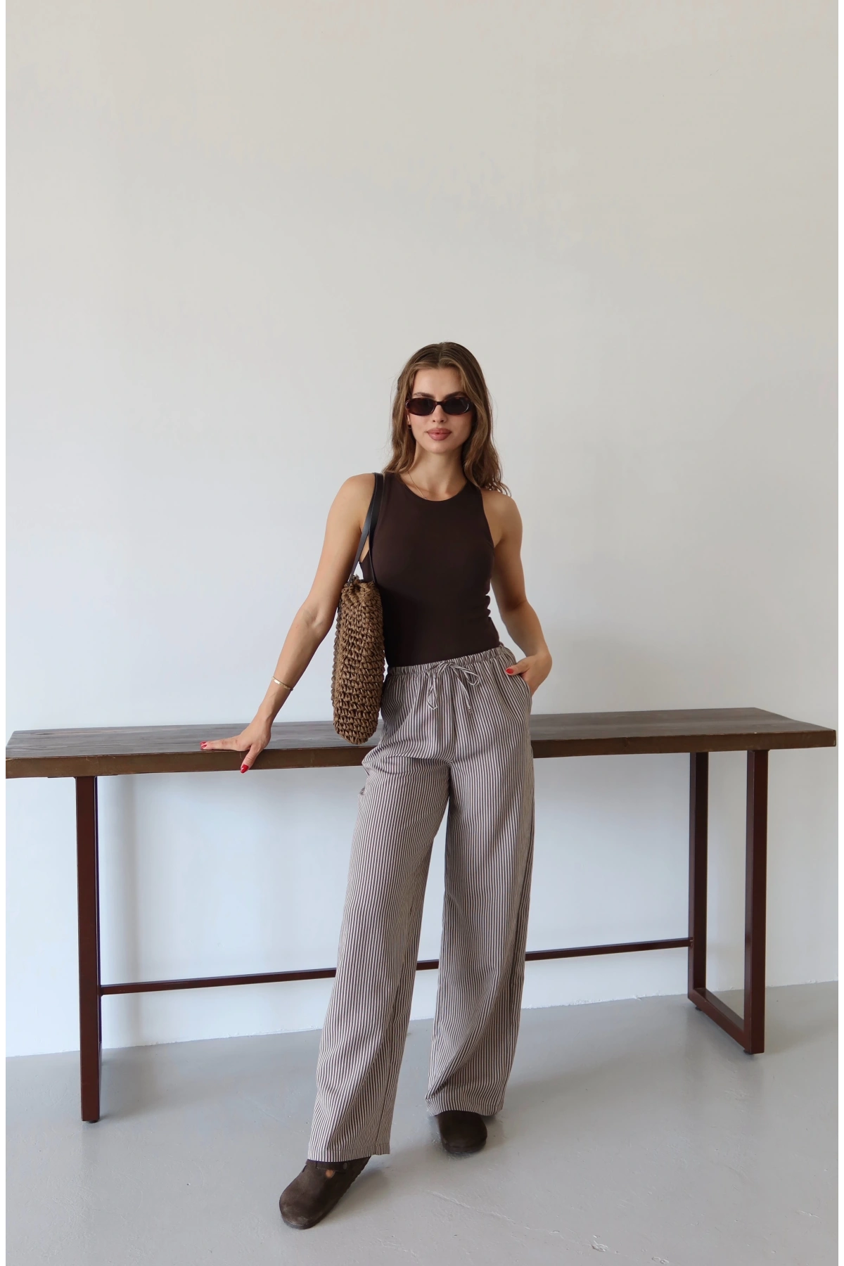 Lastikli Çizgili Pantolon Mavi