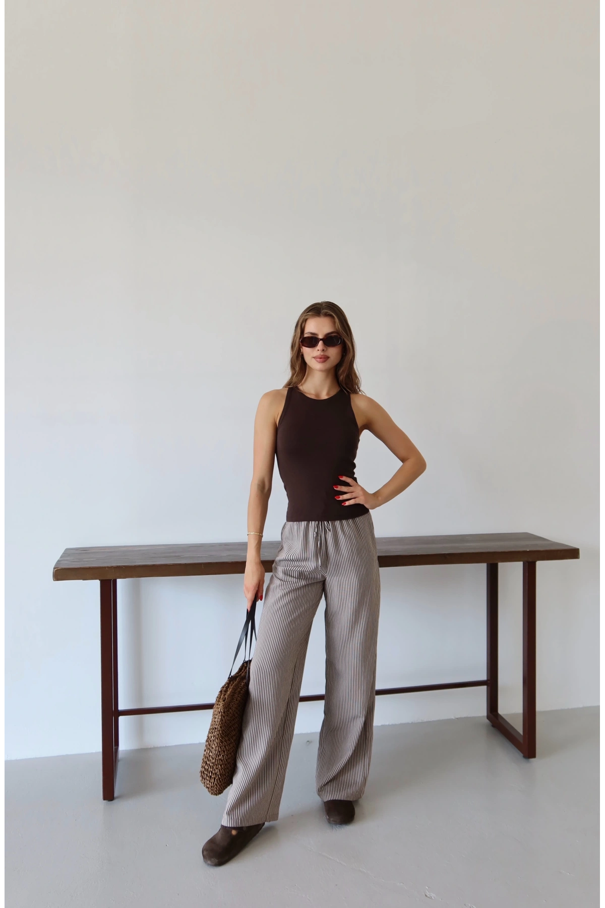 Lastikli Çizgili Pantolon Mavi