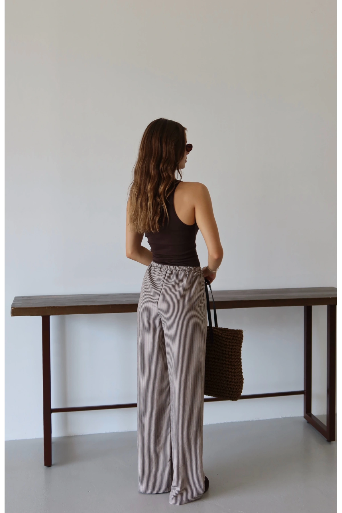 Lastikli Çizgili Pantolon Mavi