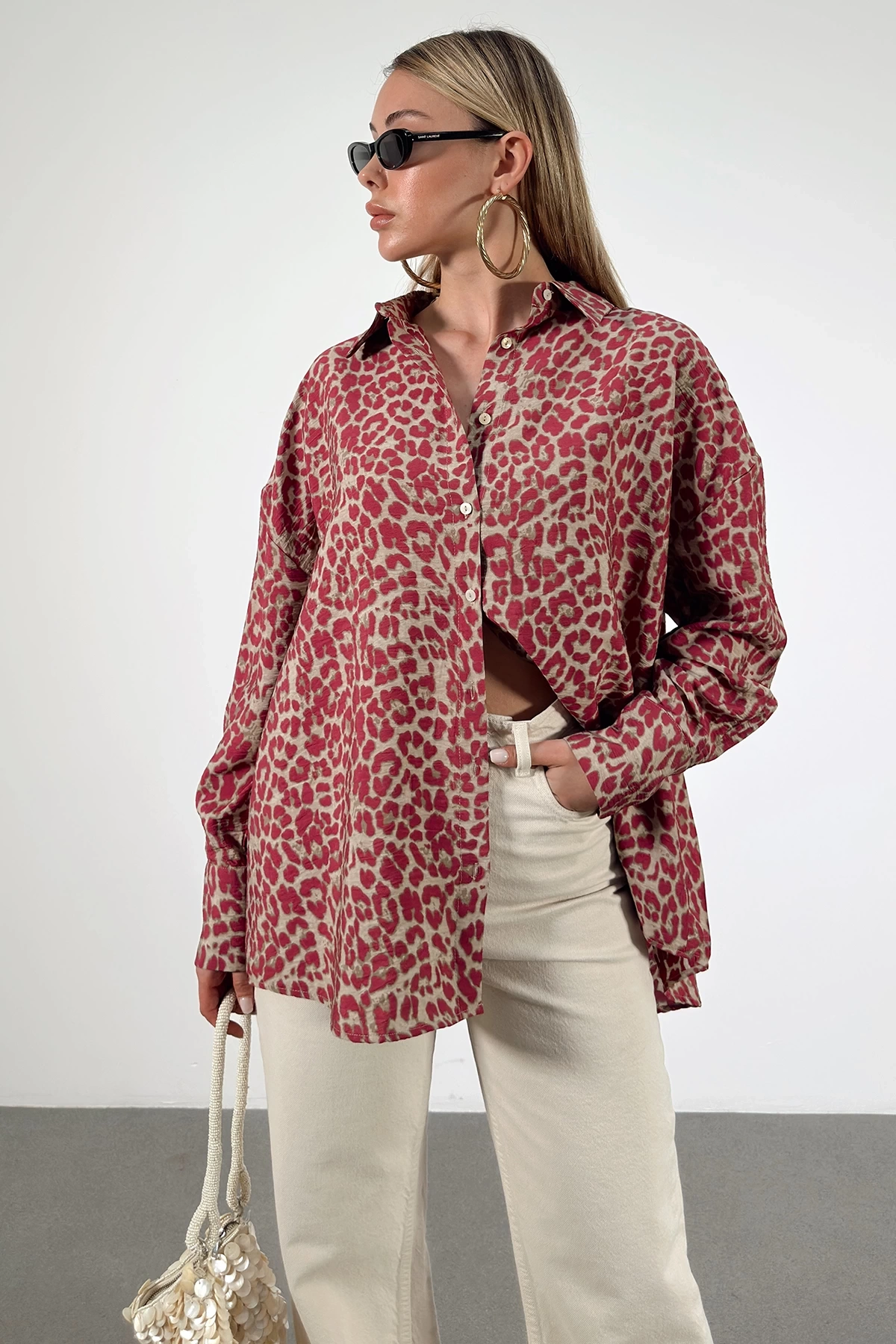 Leopar Desen Javanez Gömlek Fuşya