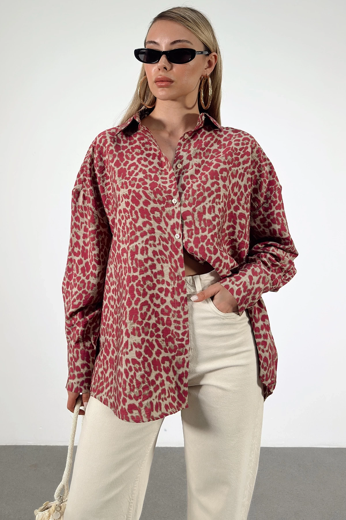 Leopar Desen Javanez Gömlek Fuşya
