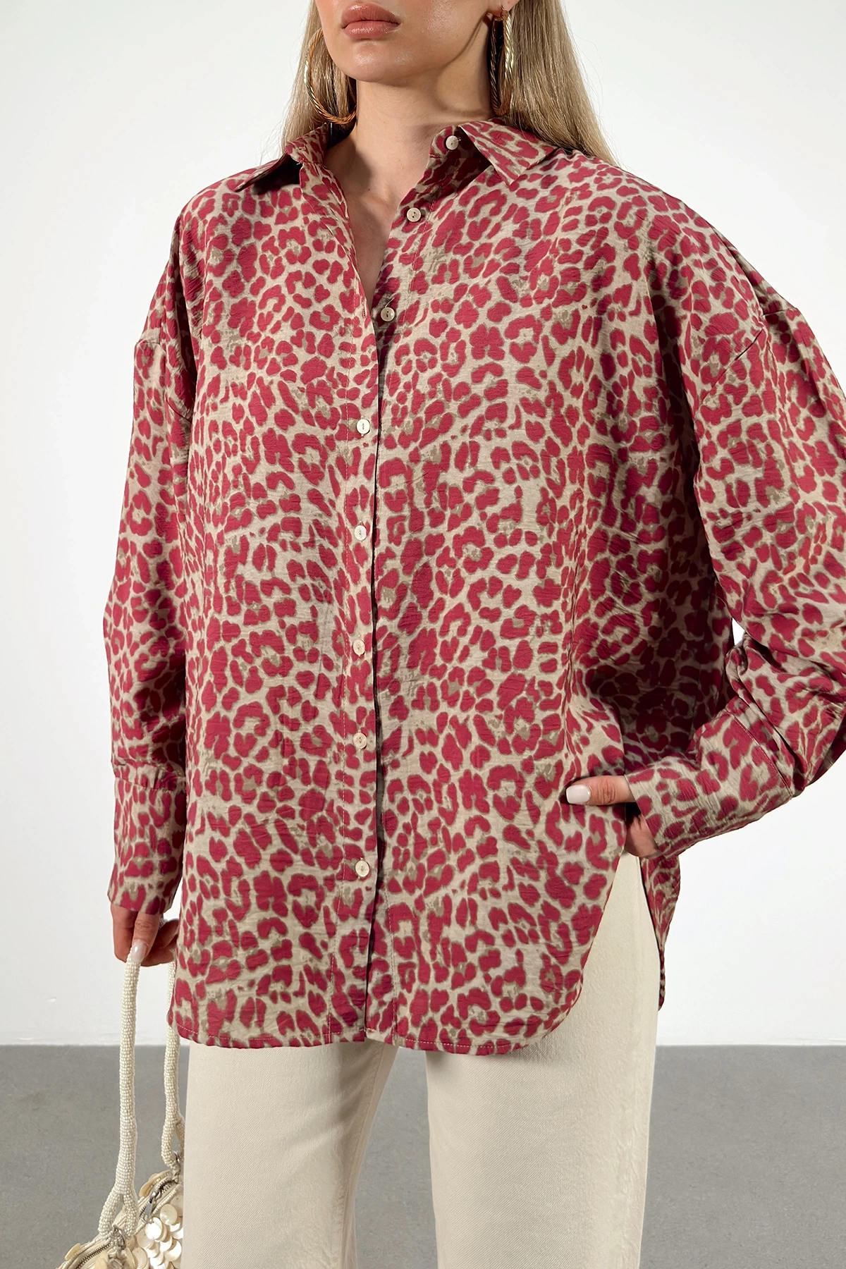 Leopar Desen Javanez Gömlek Fuşya
