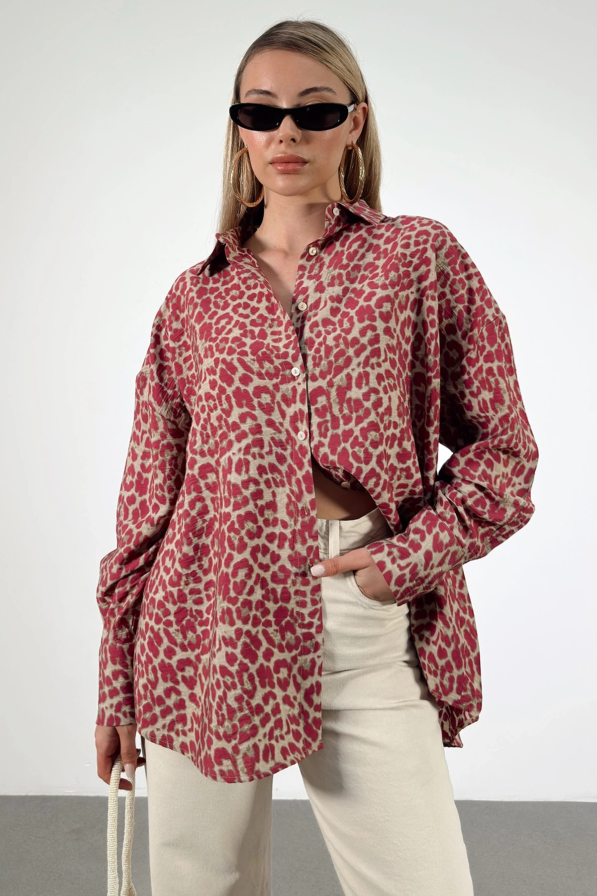 Leopar Desen Javanez Gömlek Fuşya