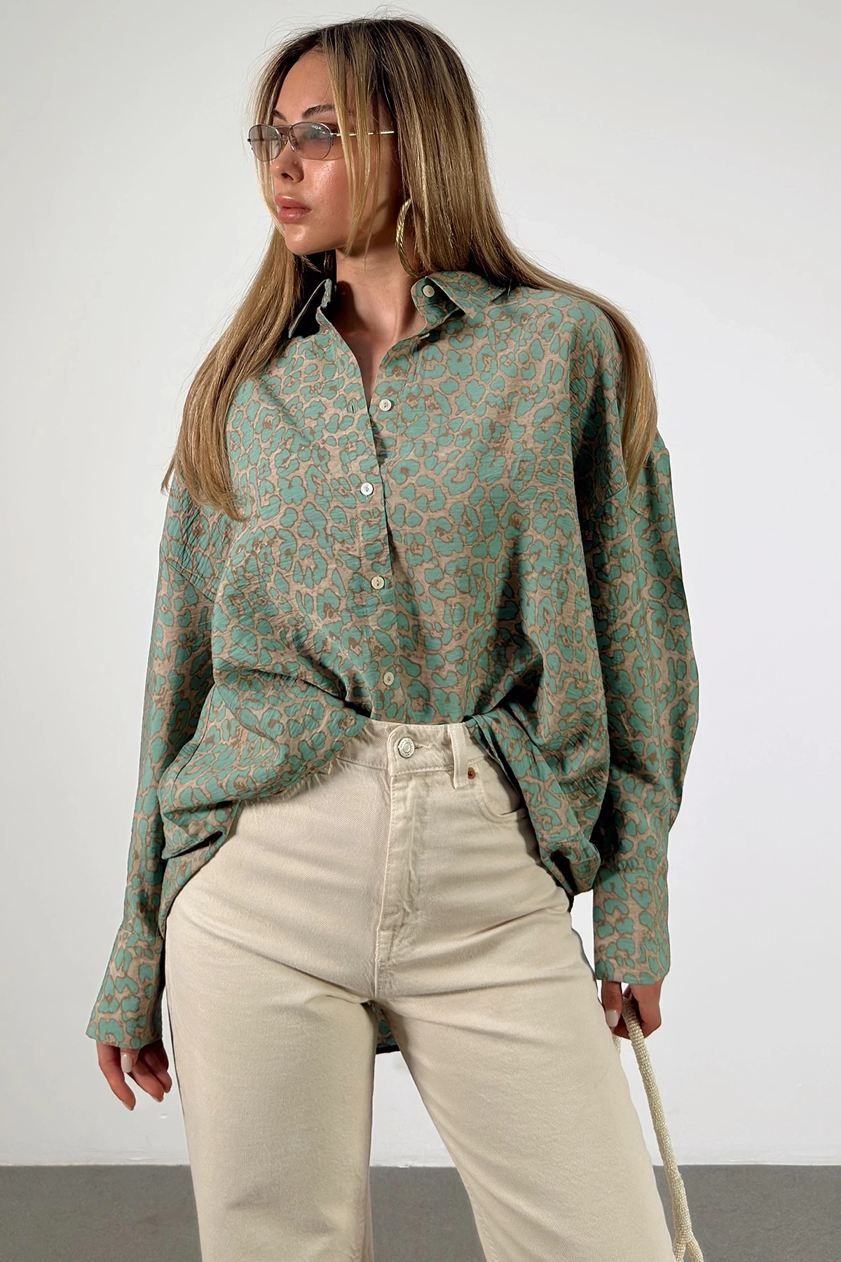 Leopar Desen Javanez Gömlek Yeşil