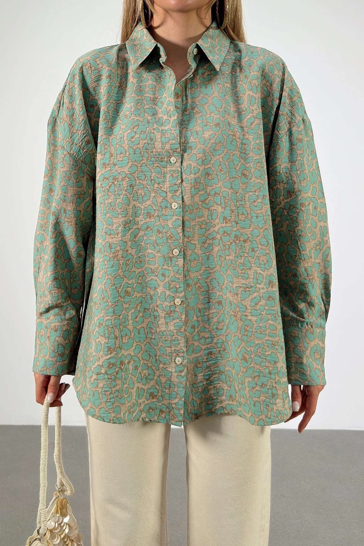 Leopar Desen Javanez Gömlek Yeşil