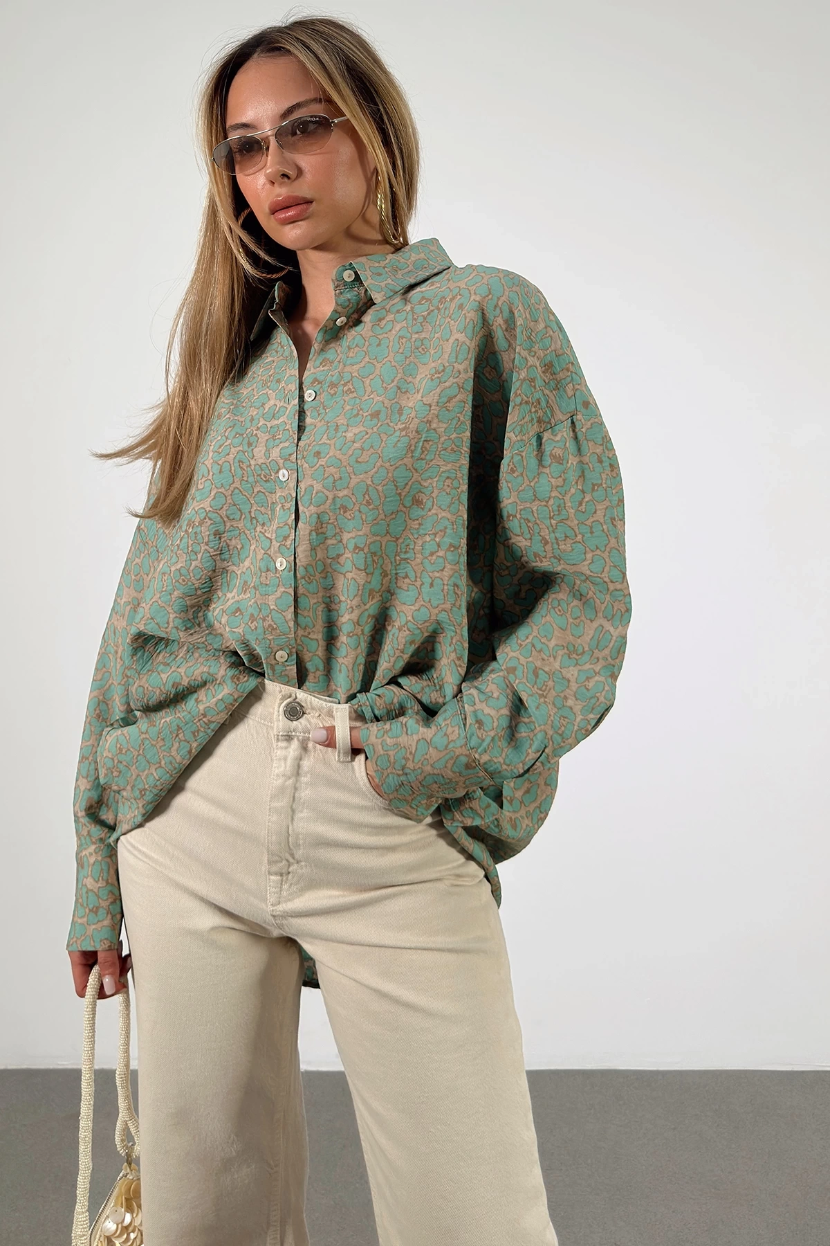 Leopar Desen Javanez Gömlek Yeşil