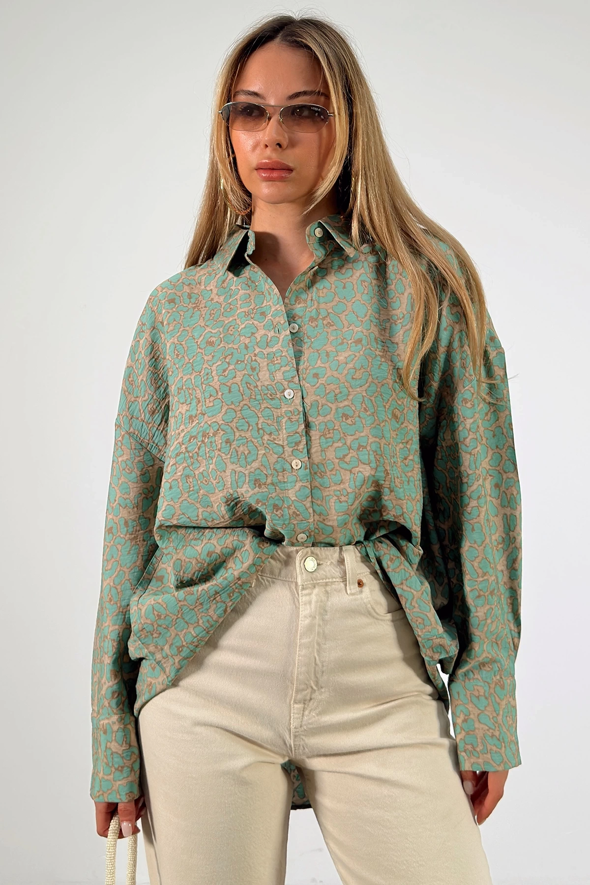 Leopar Desen Javanez Gömlek Yeşil